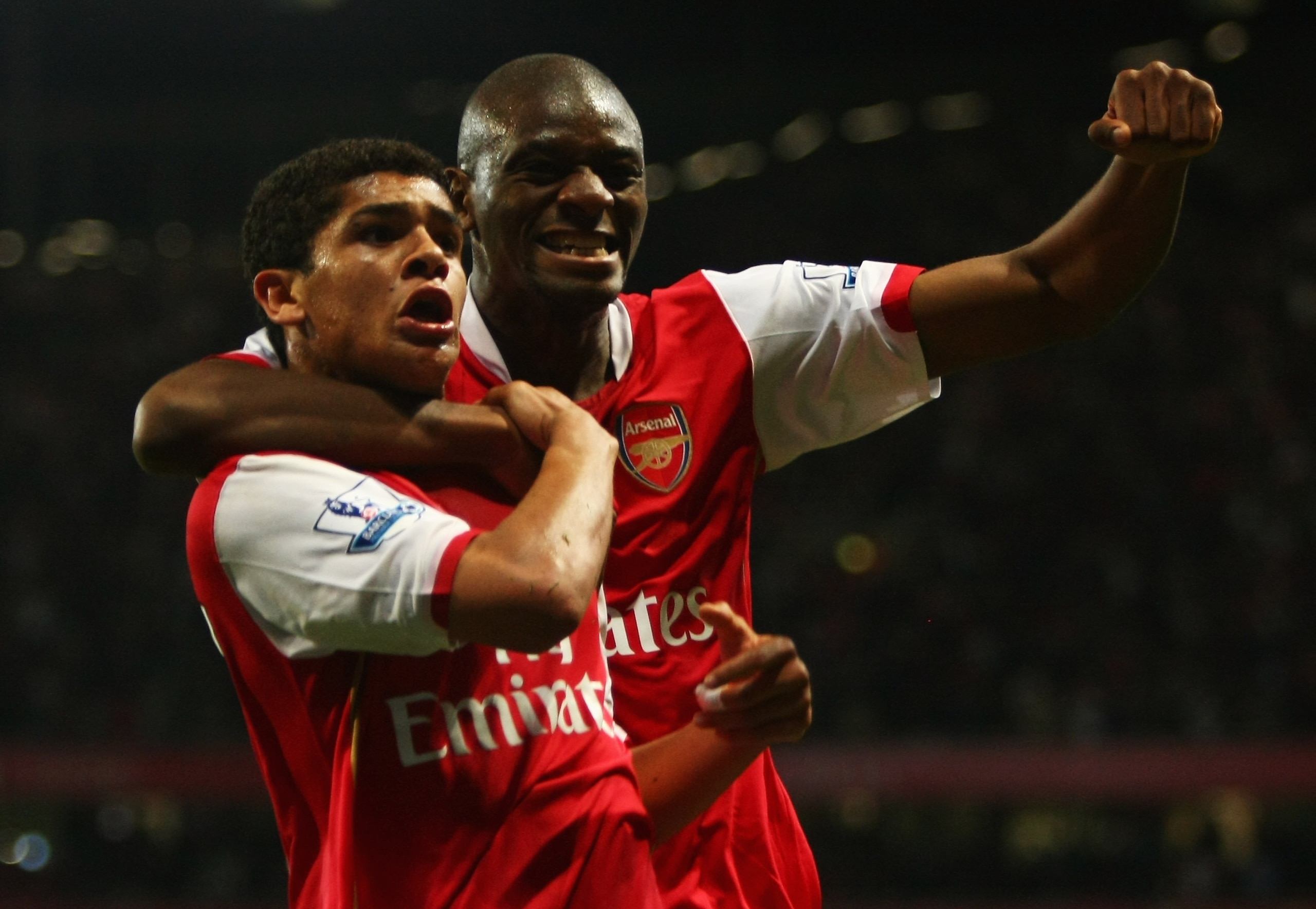 LONDON - SEPTEMBER 25:  Denilson of Arsenal celebrates with Abou Diaby as he scores their second goal during the Carling Cup Third Round match between Arsenal and Newcastle United at the Emirates Stadium on September 25, 2007 in London, England.  (Photo b