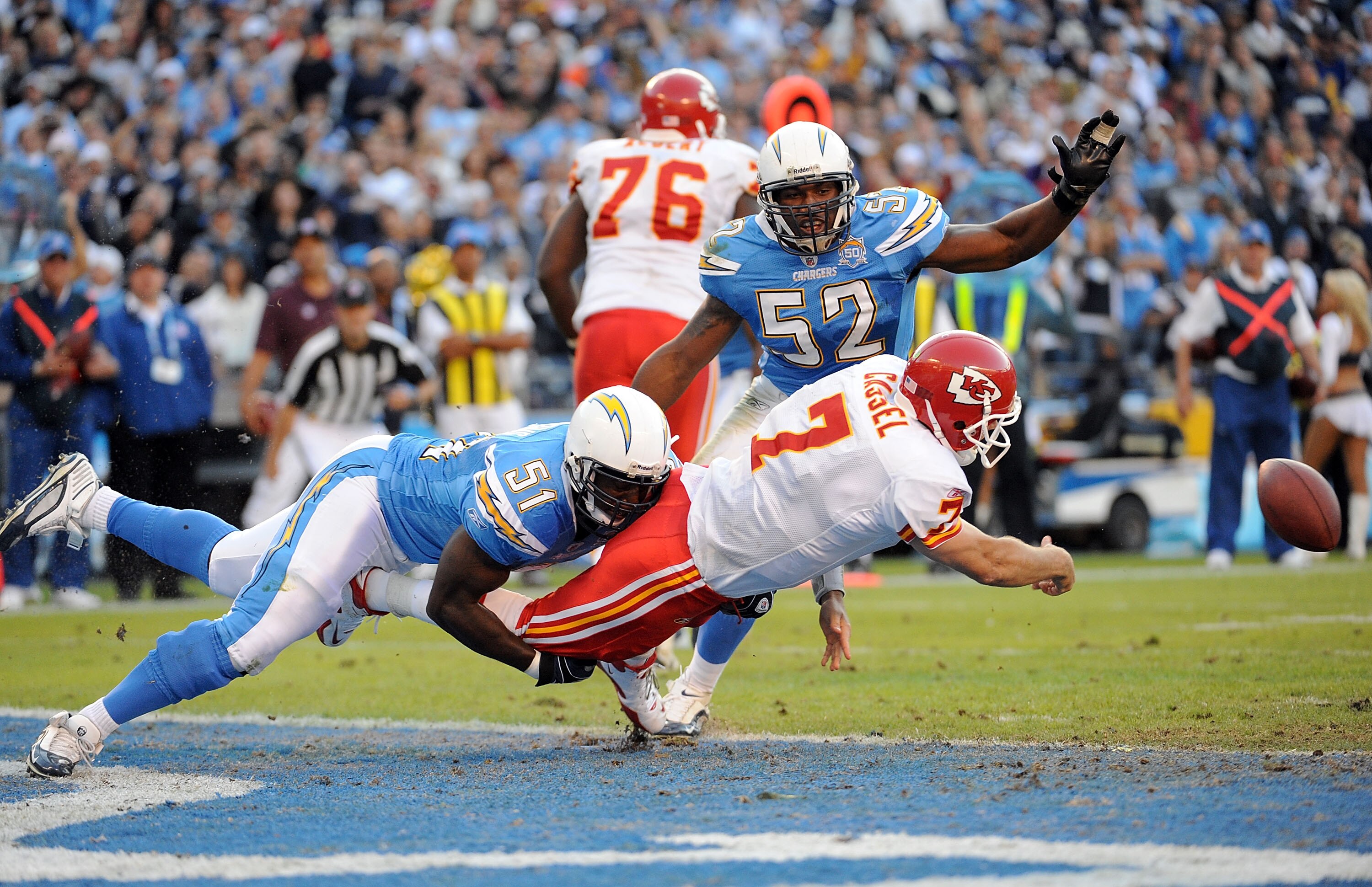 SAN DIEGO - NOVEMBER 29:  Matt Cassel #7 of the Kansas City Chiefs is called for intentional grounding from the endzone resulting in a safety as he is chased by Tim Dobbins #51 of the San Diego Chargers during the fourth quarter at Qualcomm Stadium on Nov