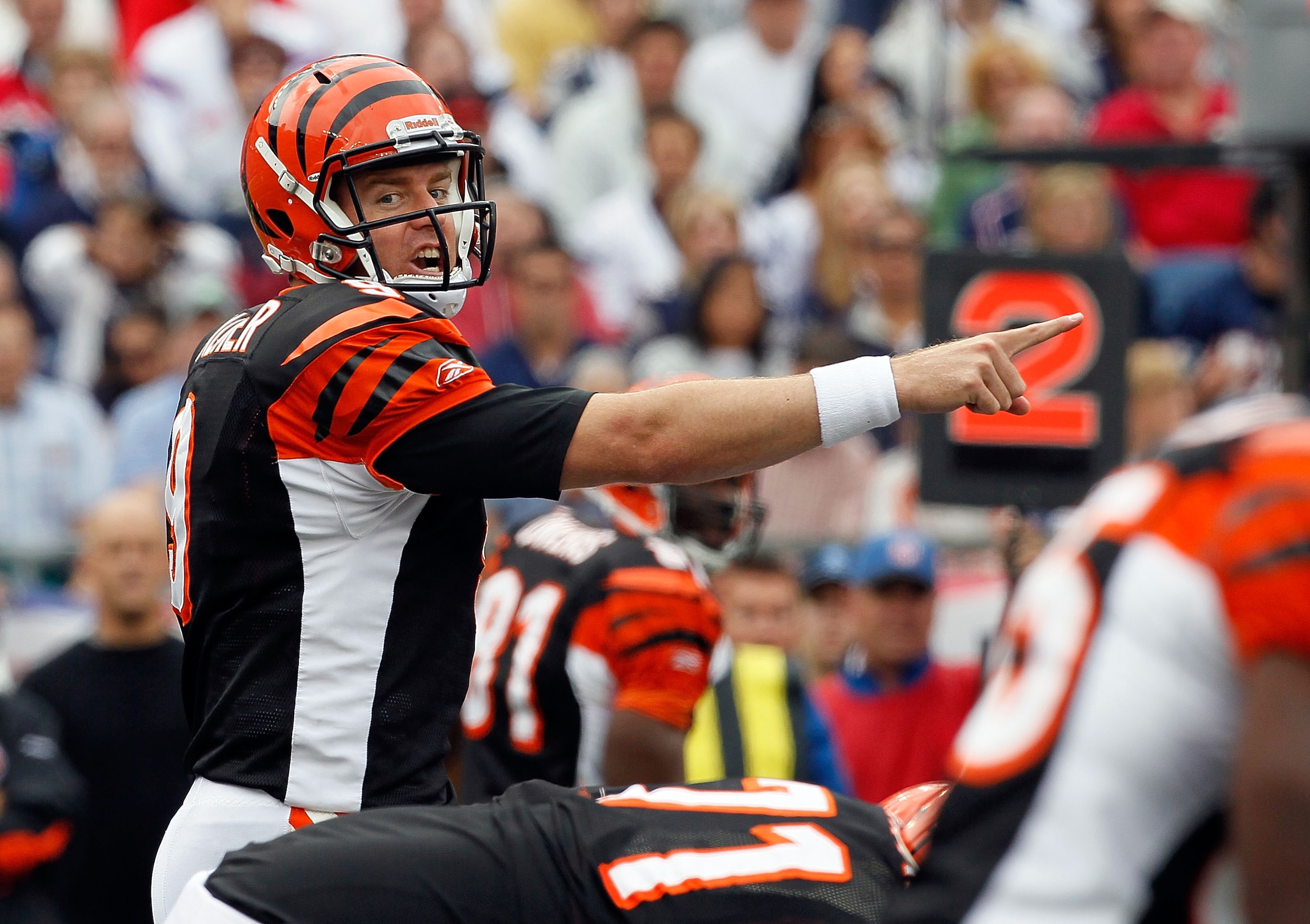 FOXBORO, MA - SEPTEMBER 12: Quarterback Carson Palmer #9 of the Cincinnati Bengals gesttures during the NFL season opener against the New England Patriots  at Gillette Stadium on September 12, 2010 in Foxboro, Massachusetts. (Photo by Jim Rogash/Getty Ima