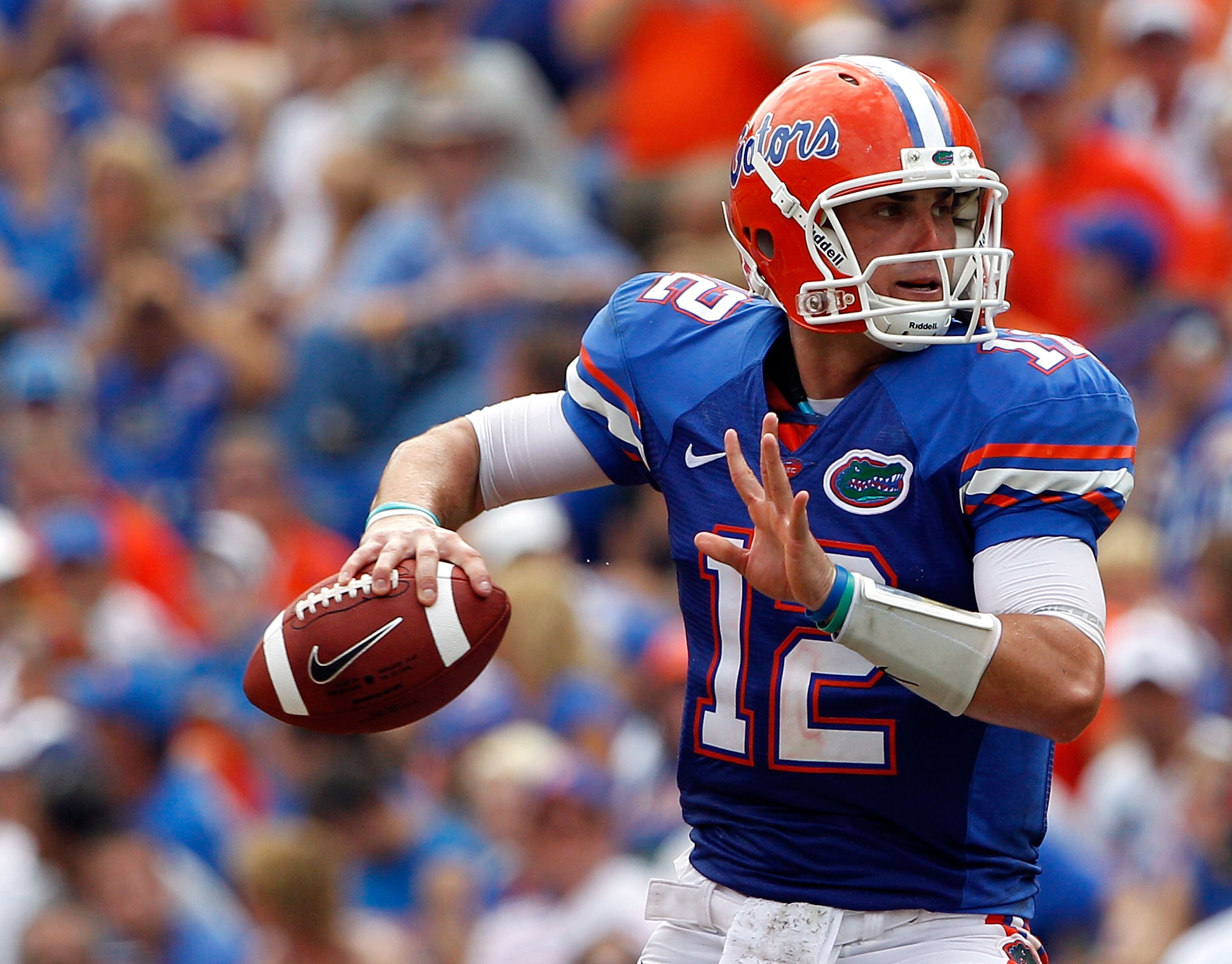 GAINESVILLE, FL - SEPTEMBER 04:  Quarterback John Brantley #12 of the Florida Gators attempts a pass against the Miami University RedHawks at Ben Hill Griffin Stadium on September 4, 2010 in Gainesville, Florida. Florida beat Miami 34-12.  (Photo by Sam G
