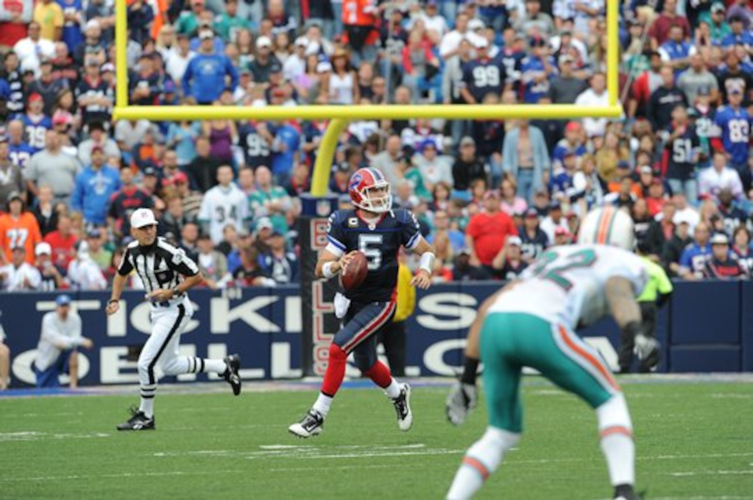 Trent Edwards rolled out frequently against the Dolphins
