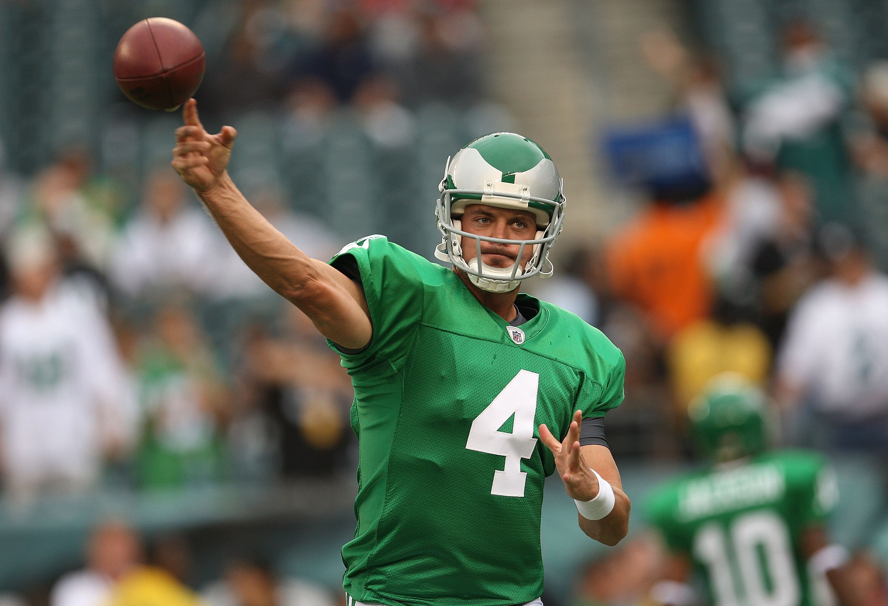 PHILADELPHIA - SEPTEMBER 12: Kevin Kolb #4 of the Philadelphia Eagles warms up before a game against the Green Bay Packers during the NFL season opener at Lincoln Financial Field on September 12, 2010 in Philadelphia, Pennsylvania. (Photo by Mike Ehrman PHILADELPHIA - SEPTEMBER 12: Kevin Kolb #4 of the Philadelphia Eagles warms up before a game against the Green Bay Packers during the NFL season opener at Lincoln Financial Field on September 12, 2010 in Philadelphia, Pennsylvania. (Photo by Mike Ehrman