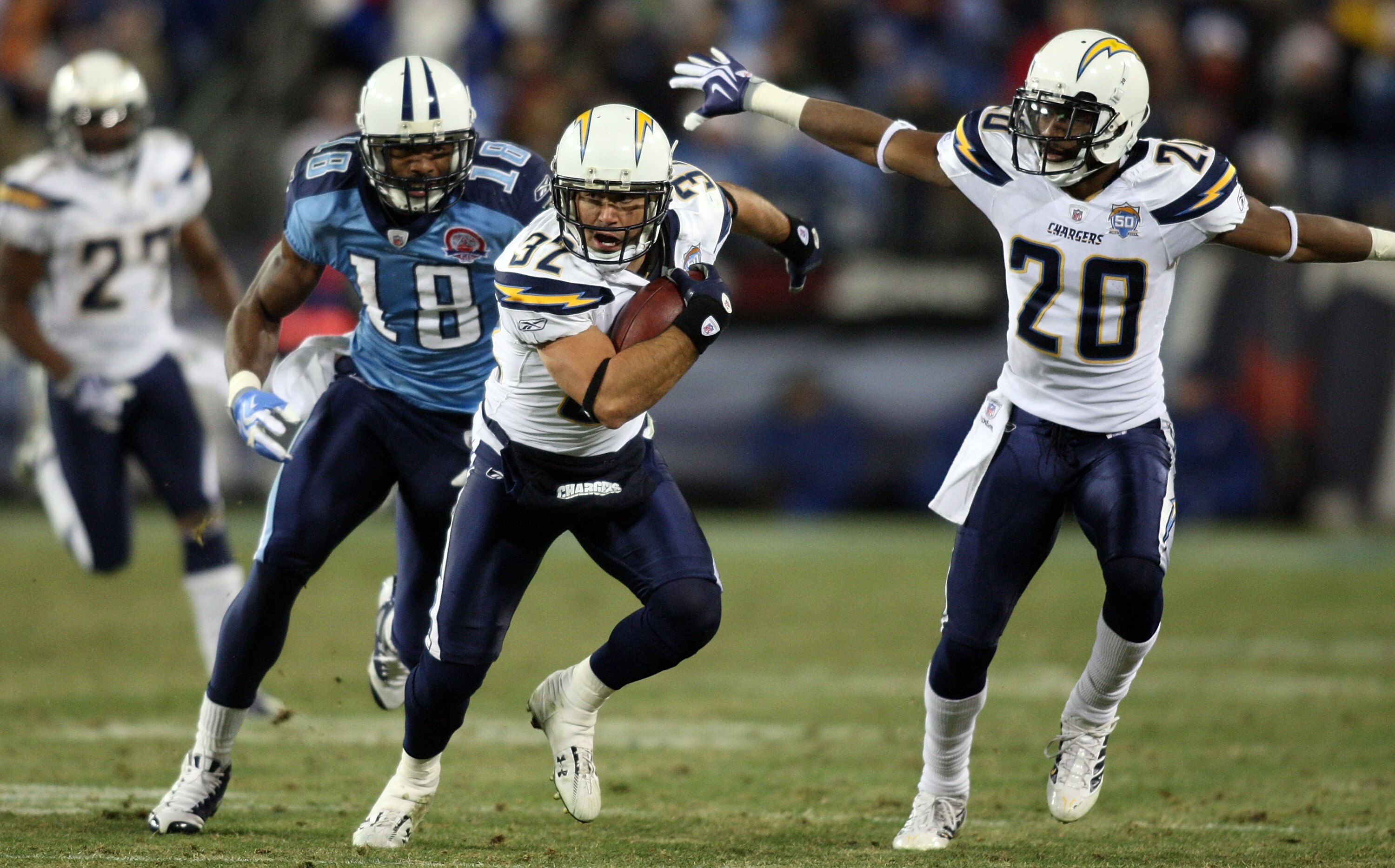 NASHVILLE, TN - DECEMBER 25: Eric Weddle #32 of the San Diego Chargers returns this interception intended for Kenny Britt #18 of the Tennessee Titans on December 25, 2009 at LP Field in Nashville, Tennessee. (Photo by Rex Brown/Getty Images)