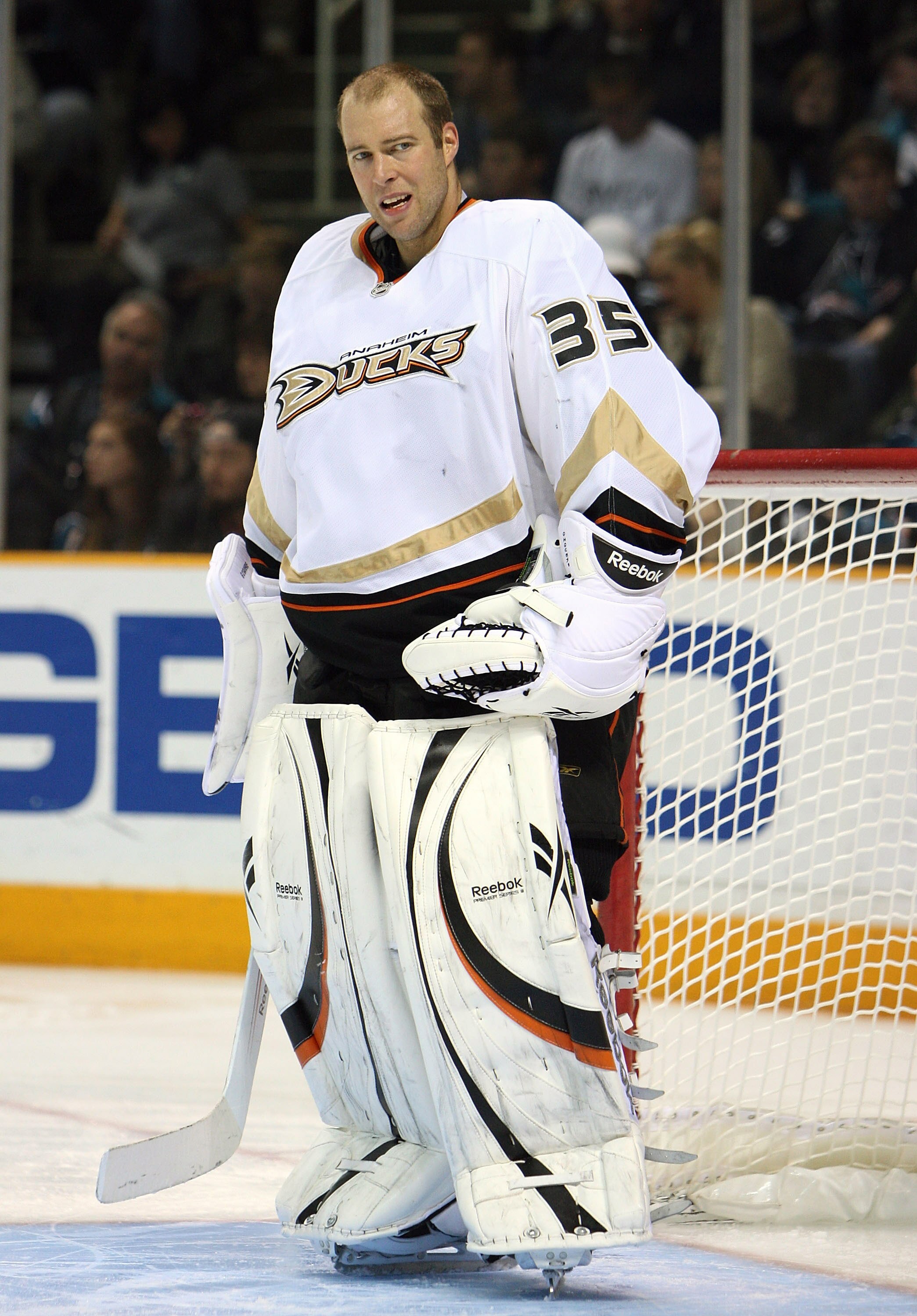 SAN JOSE, CA - DECEMBER 17:  Jean-Sebastien Giguere #35 of the Anaheim Ducks looks on against the San Jose Sharks in the third period during an NHL game at the HP Pavilion on December 17, 2009 in San Jose, California.  (Photo by Jed Jacobsohn/Getty Images