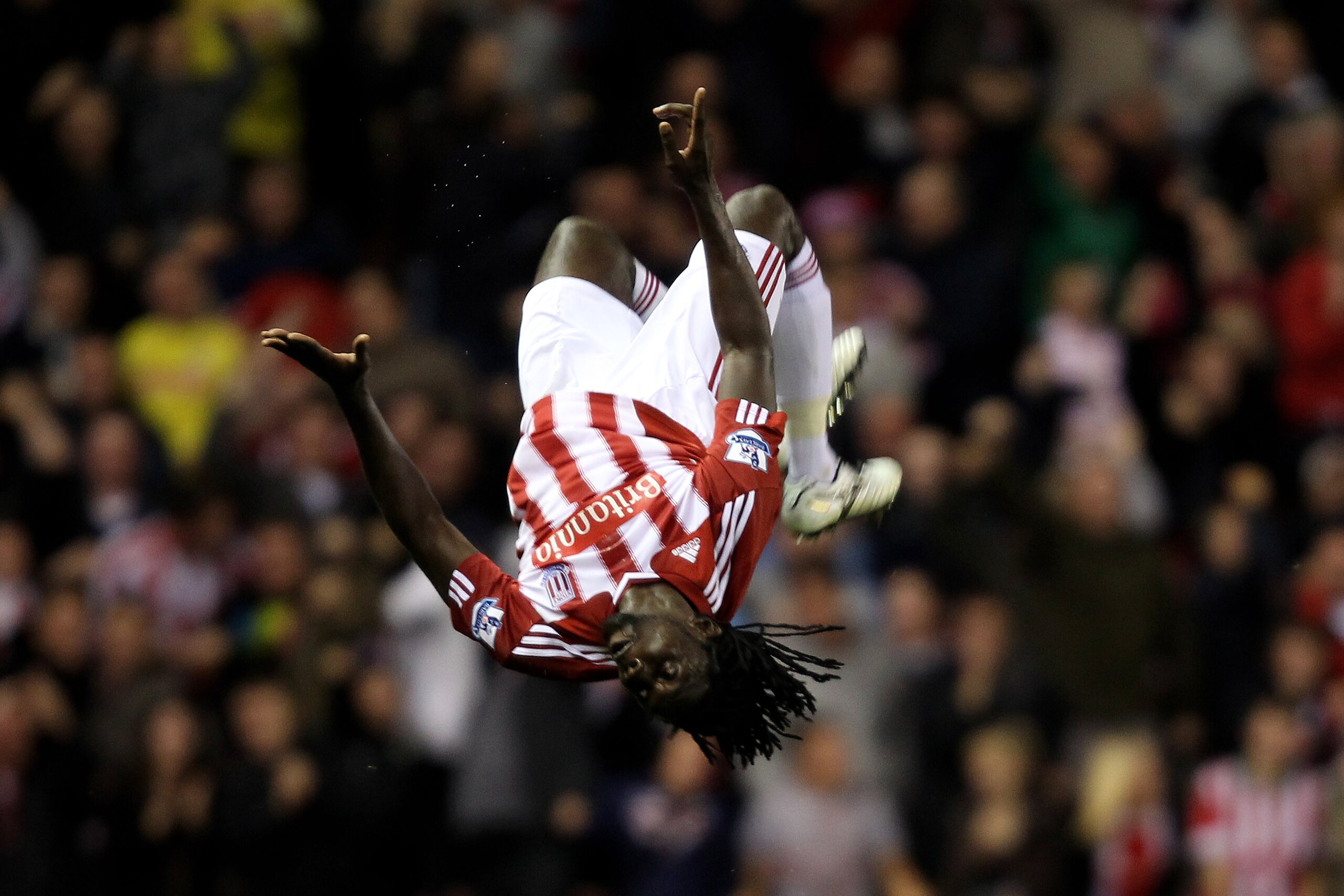 STOKE ON TRENT, ENGLAND - SEPTEMBER 13: Kenwyne Jones of Stoke City celebrates scoring his team's first goal during the Barclays Premier League match between Stoke City and Aston Villa at The Britannia Stadium on September 13, 2010 in Stoke on Trent, Eng STOKE ON TRENT, ENGLAND - SEPTEMBER 13: Kenwyne Jones of Stoke City celebrates scoring his team's first goal during the Barclays Premier League match between Stoke City and Aston Villa at The Britannia Stadium on September 13, 2010 in Stoke on Trent, Eng