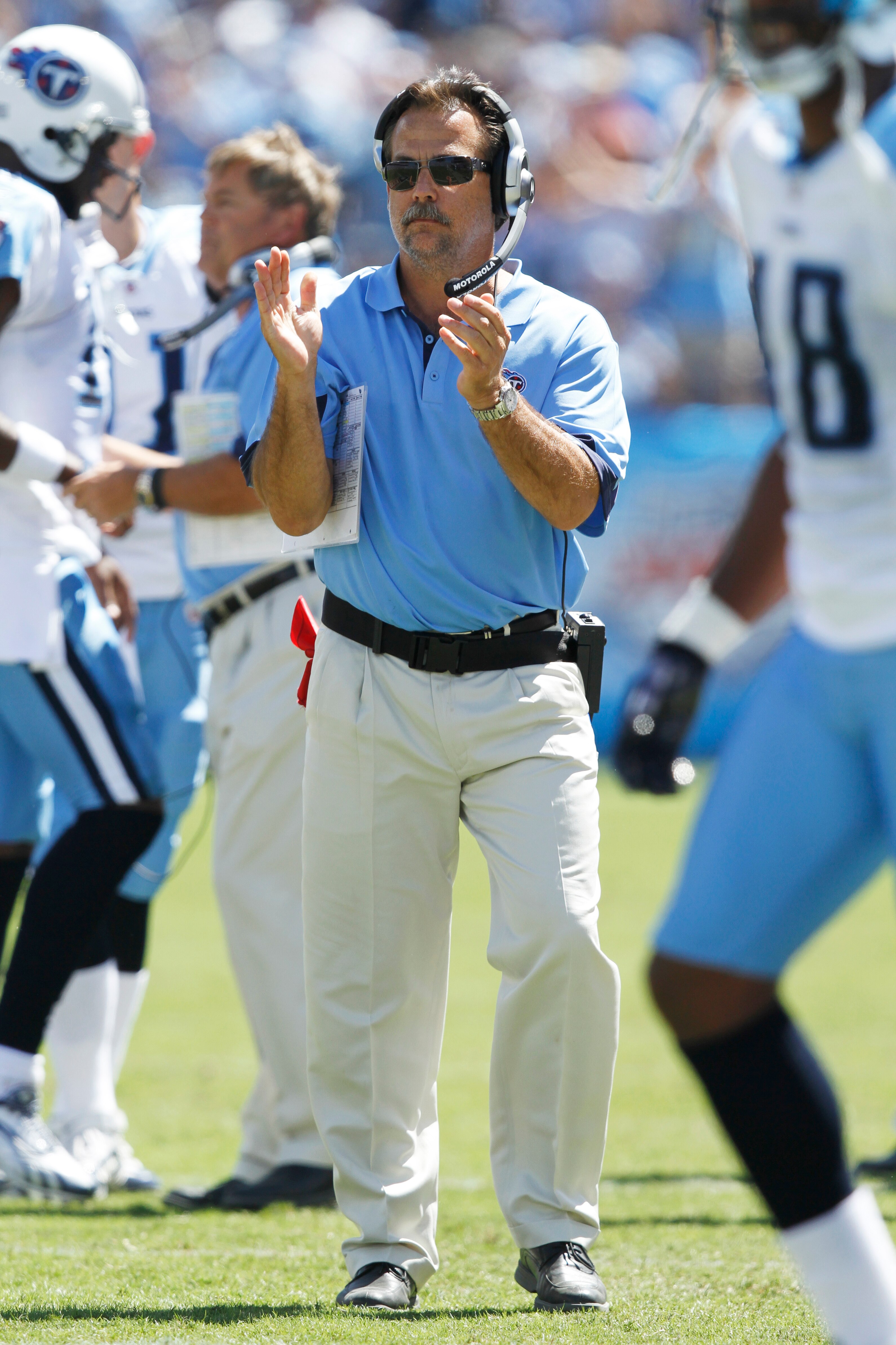 NASHVILLE - SEPTEMBER 12: Head coach Jeff Fisher of the Tennessee Titans looks on against the Oakland Raiders during the NFL season opener at LP Field on September 12, 2010 in Nashville, Tennessee. The Titans defeated the Raiders 38-13. (Photo by Joe Robb NASHVILLE - SEPTEMBER 12: Head coach Jeff Fisher of the Tennessee Titans looks on against the Oakland Raiders during the NFL season opener at LP Field on September 12, 2010 in Nashville, Tennessee. The Titans defeated the Raiders 38-13. (Photo by Joe Robb
