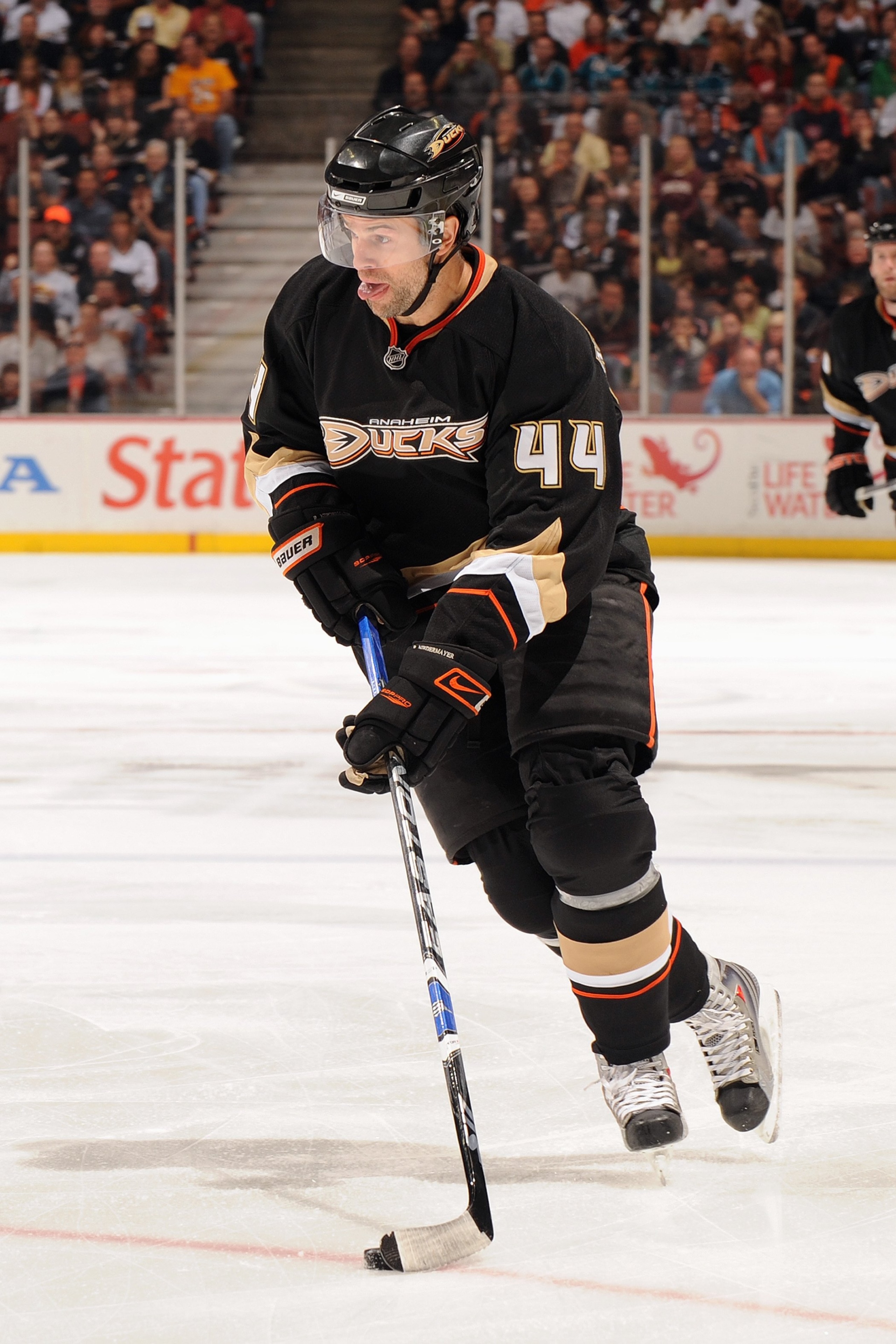 ANAHEIM, CA - APRIL 21:  Rob Niedermayer #44 of the Anaheim Ducks skates with the puck against the San Jose Sharks during Game Three of the Western Conference Quarterfinal Round of the 2009 Stanley Cup Playoffs at Honda Center on April 21, 2009 in Anaheim
