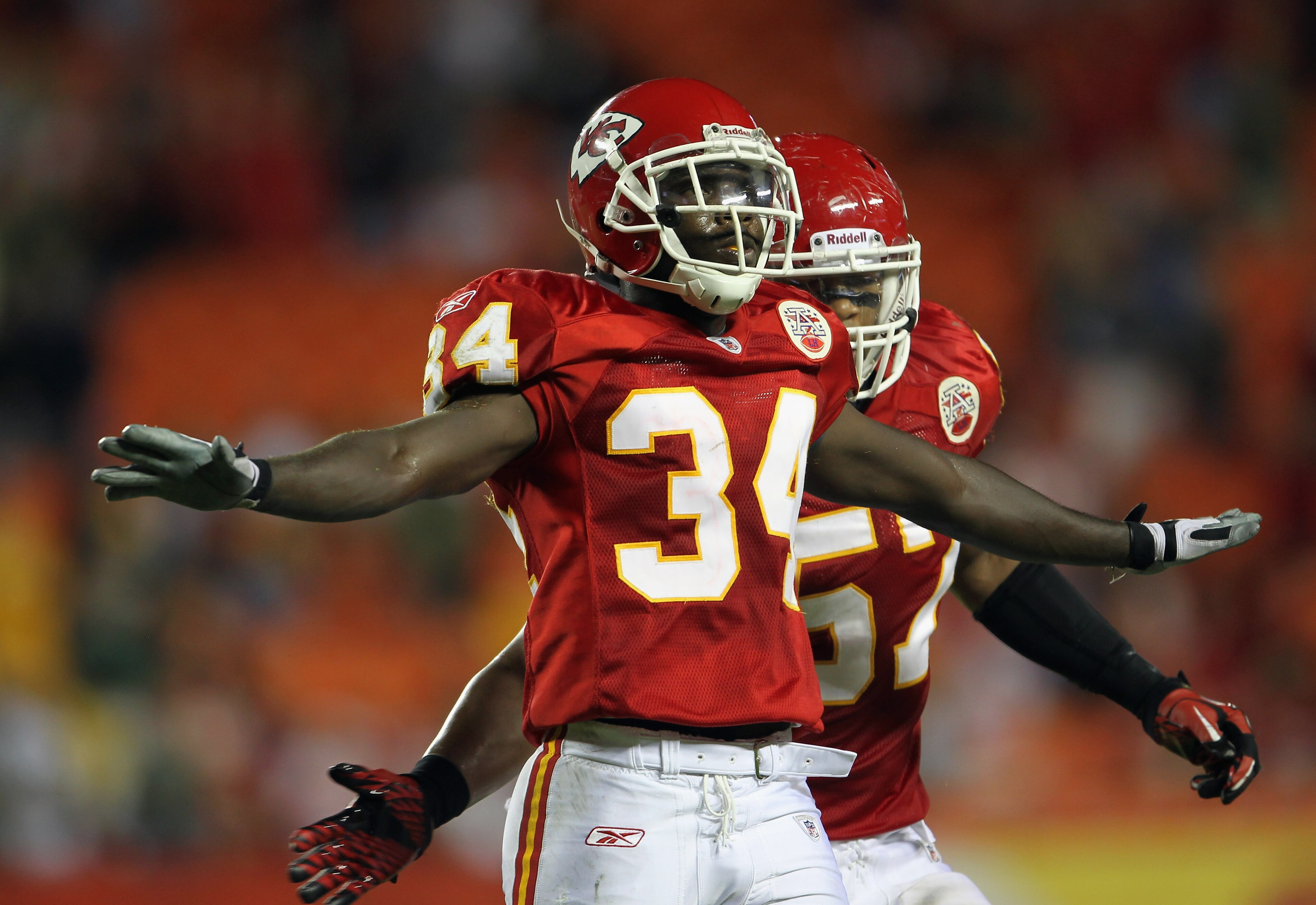 KANSAS CITY, MO - SEPTEMBER 02:  Travis Daniels #34 and Justin Cole #57 of the Kansas City Chiefs celebrates after stopping a final drive during the game against the Green Bay Packers on September 2, 2010 at Arrowhead Stadium in Kansas City, Missouri.  (P