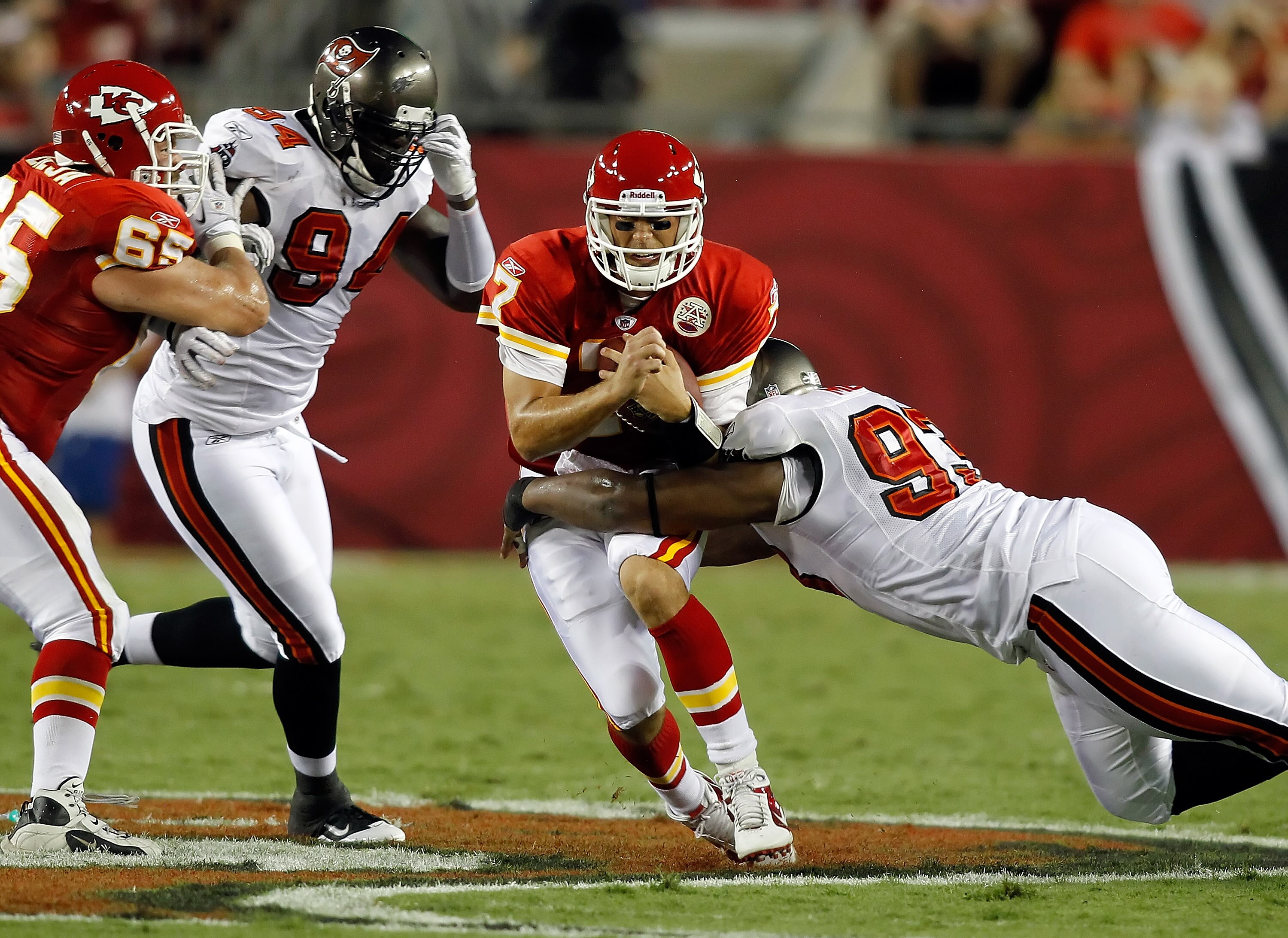 TAMPA, FL - AUGUST 21:  Defensive tackle Gerald McCoy #93 of the Tampa Bay Buccaneers tackles quarterback Matt Cassel #7 of the Kansas City Chiefs during a preseason game at Raymond James Stadium on August 21, 2010 in Tampa, Florida.  (Photo by J. Meric/G