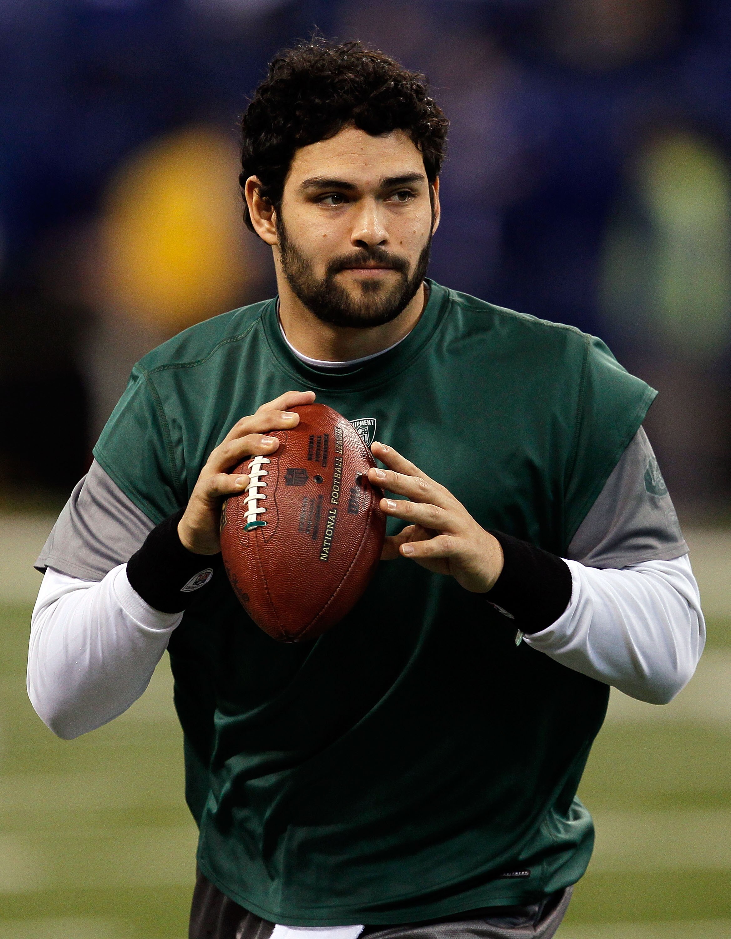 INDIANAPOLIS - JANUARY 24:  Quarterback Mark Sanchez #6 of the New York Jets looks to pass during warm-ups before playing against the Indianapolis Colts during the AFC Championship Game at Lucas Oil Stadium on January 24, 2010 in Indianapolis, Indiana.  (