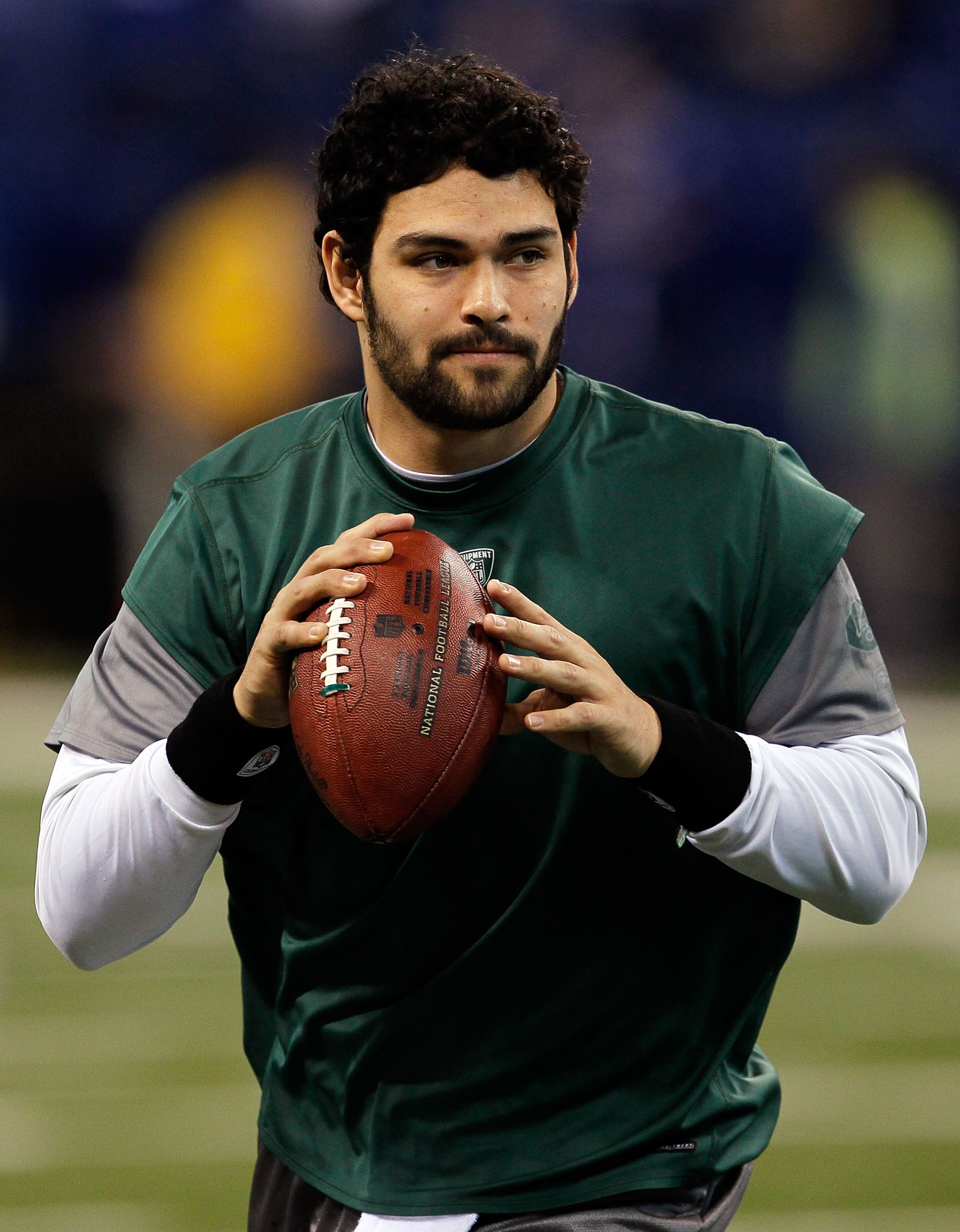 INDIANAPOLIS - JANUARY 24:  Quarterback Mark Sanchez #6 of the New York Jets looks to pass during warm-ups before playing against the Indianapolis Colts during the AFC Championship Game at Lucas Oil Stadium on January 24, 2010 in Indianapolis, Indiana.  (