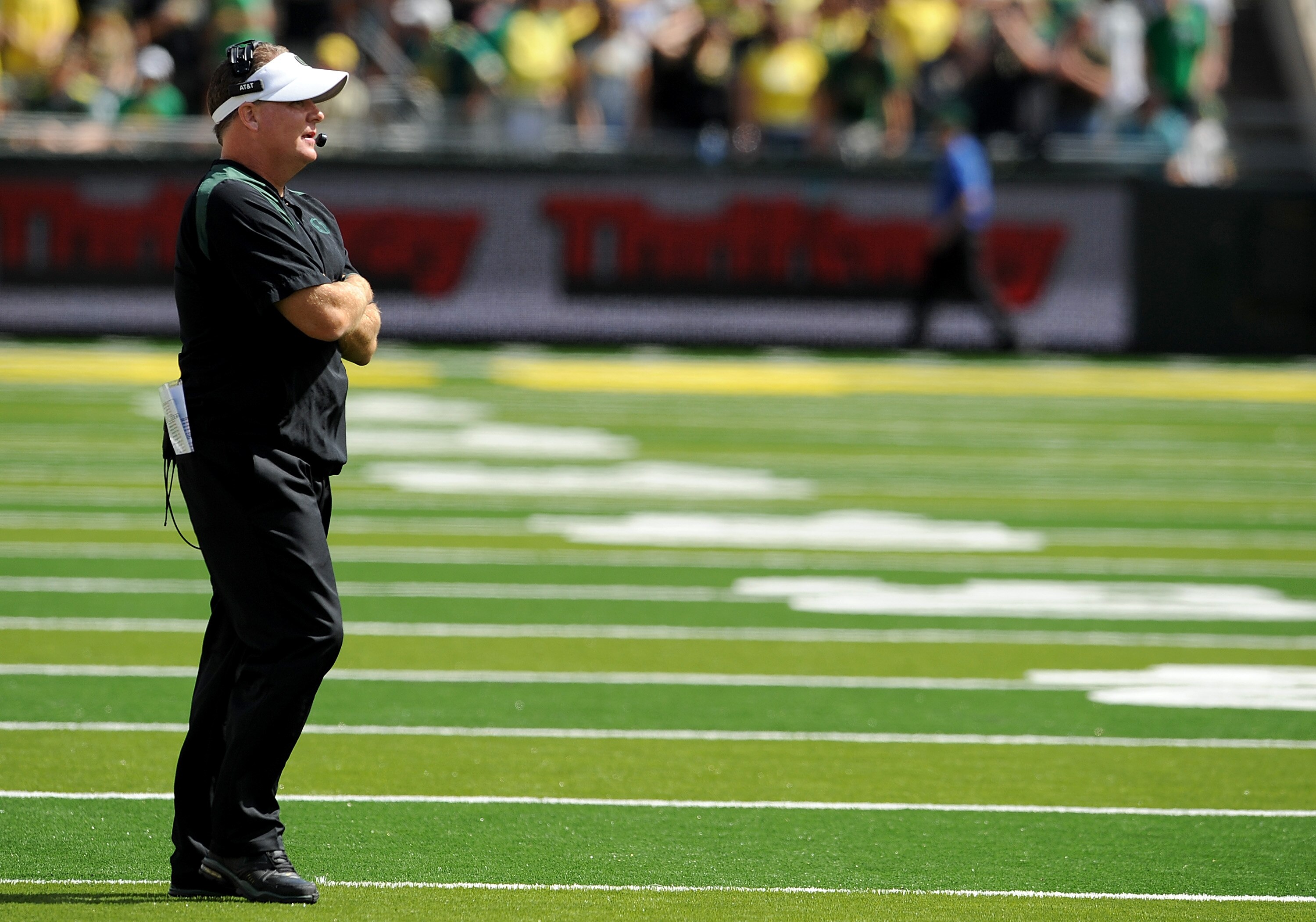 EUGENE, OR - SEPTEMBER 04:  Head coach Chip Kelly of the Oregon Ducks looks out at the action on the field in the second quarter of the game against the New Mexico Lobos at Autzen Stadium on September 4, 2010 in Eugene, Oregon. Oregon won the game 72-0. (