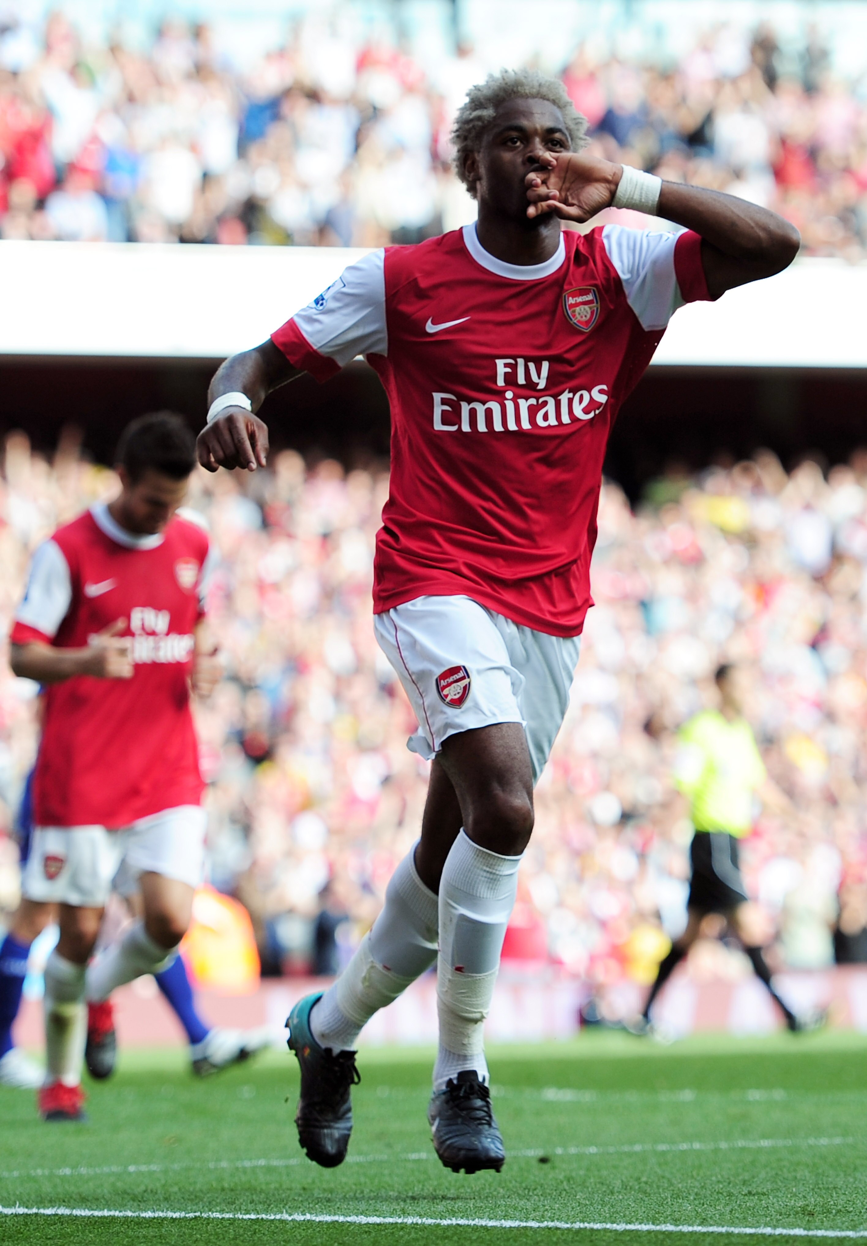 LONDON, ENGLAND - SEPTEMBER 11: Alex Song of Arsenal celebrates after he scores his teams third goal during the Barclays Premier League match between Arsenal and Bolton Wanderers at The Emirates Stadium on September 11, 2010 in London, England. (Photo b LONDON, ENGLAND - SEPTEMBER 11: Alex Song of Arsenal celebrates after he scores his teams third goal during the Barclays Premier League match between Arsenal and Bolton Wanderers at The Emirates Stadium on September 11, 2010 in London, England. (Photo b