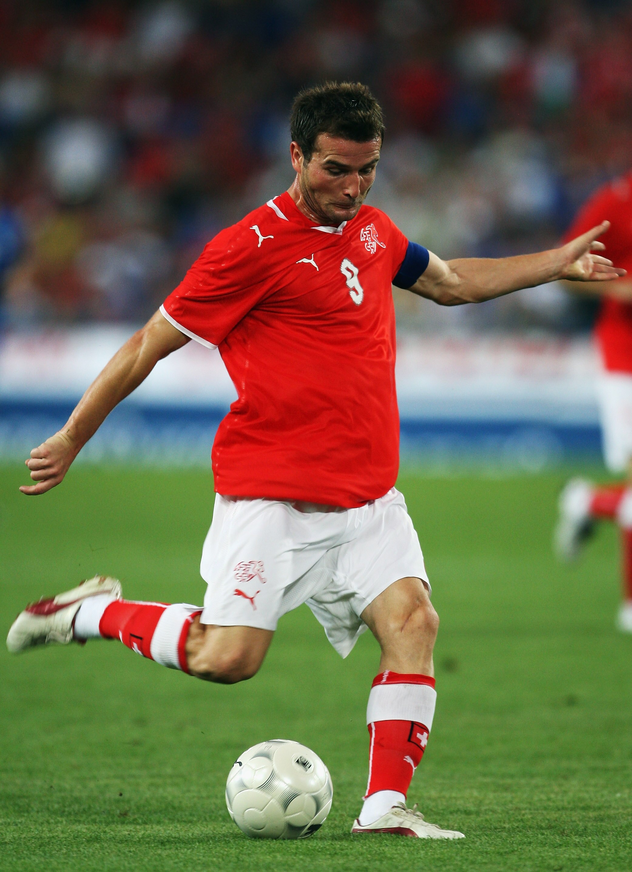 BASEL, SWITZERLAND - AUGUST 12:  Switzerland Captain Alexander Frei in action during the International Friendly between Switzerland and Italy at St. Jakob-Park on August 12, 2009 in Basel, Switzerland.  (Photo by Bryn Lennon/Getty Images)
