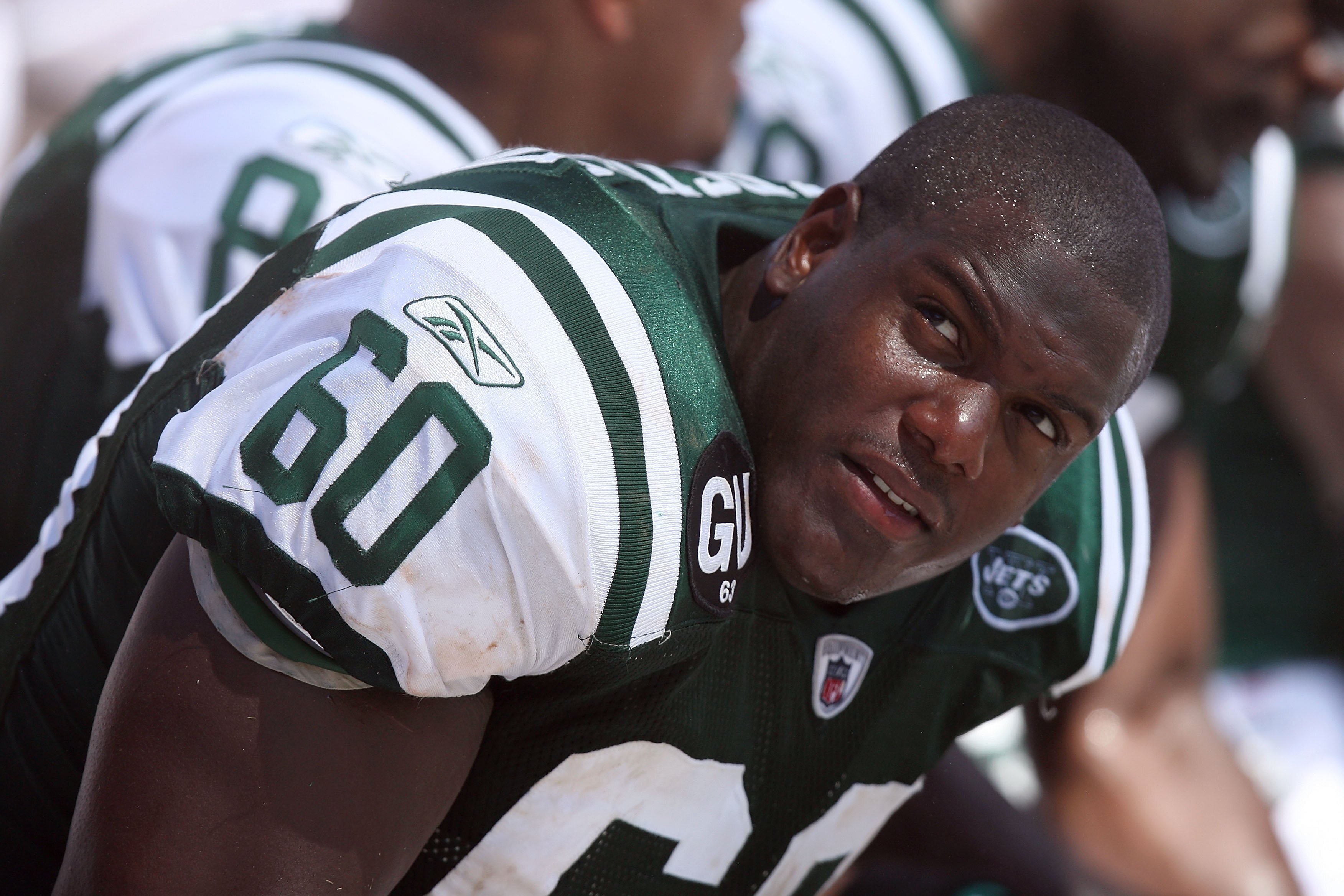 MIAMI - SEPTEMBER 07:  Offensive tackle D'Brickashaw Ferguson #60 of the New York Jets looks on against the Miami Dolphins at Dolphin Stadium on September 7, 2008 in Miami, Florida. The Jets won 20-14.  (Photo by Doug Benc/Getty Images)