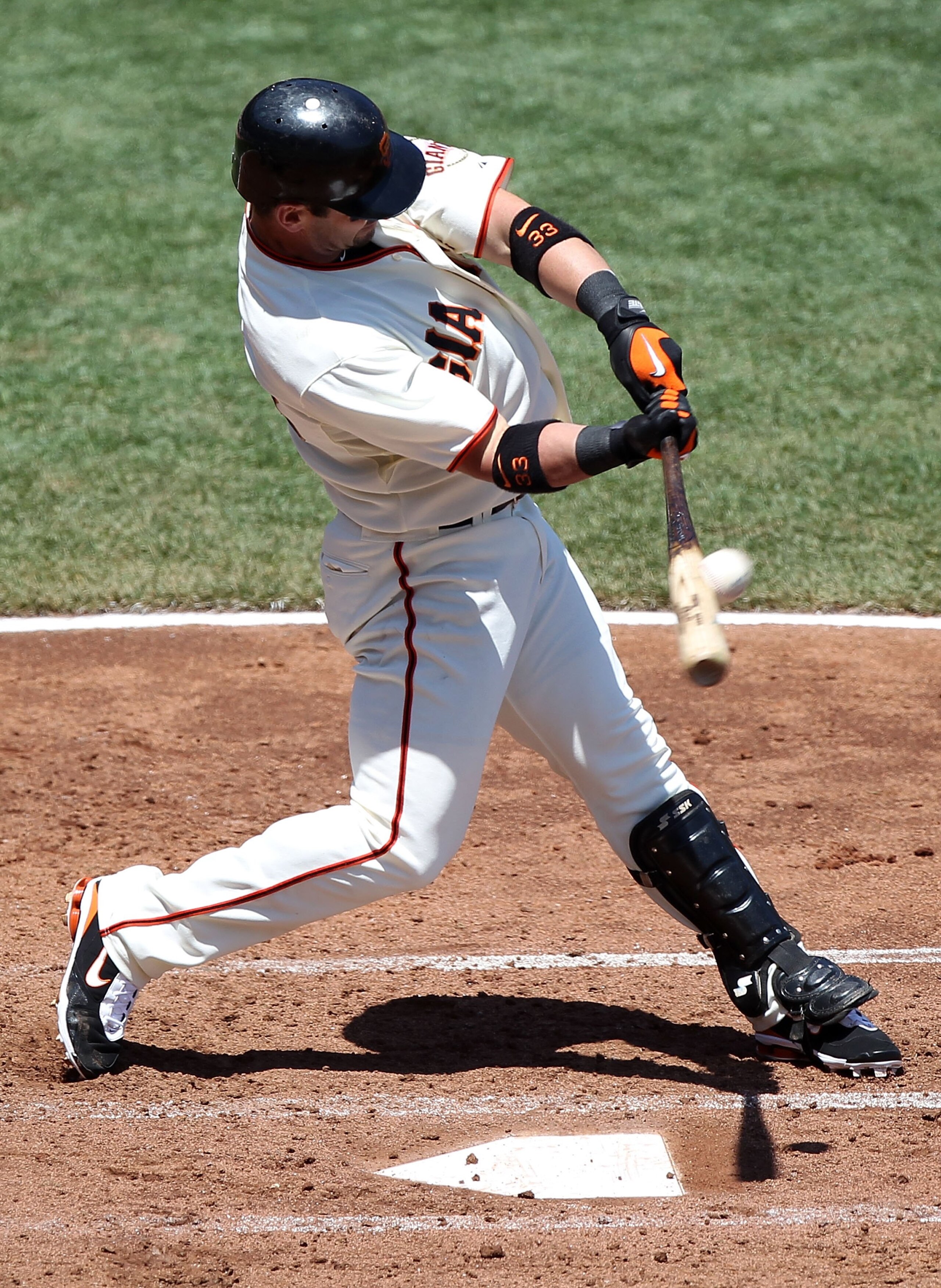 SAN FRANCISCO - MAY 13:  Aaron Rowand #33 of the San Francisco Giants bats against the San Diego Padres during an MLB game at AT&T Park on May 13, 2010 in San Francisco, California.  (Photo by Jed Jacobsohn/Getty Images)