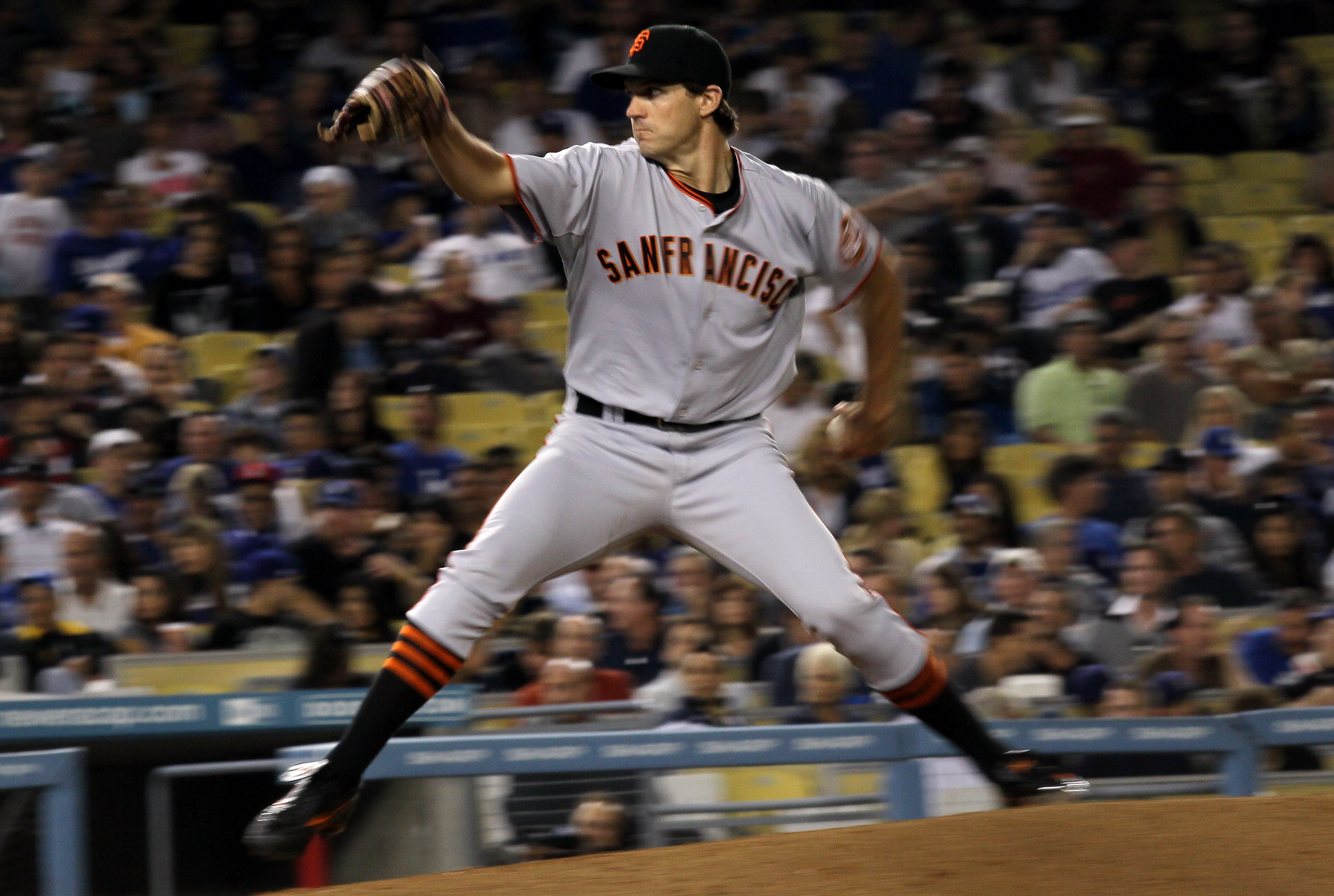 LOS ANGELES, CA - JULY 21:  Barry Zito #75 of the San Francisco Giants throws a pitch against the Los Angeles Dodgers on July 21, 2010 at Dodger Stadium in Los Angeles, California. The Dodgers won 2-0.  (Photo by Stephen Dunn/Getty Images)