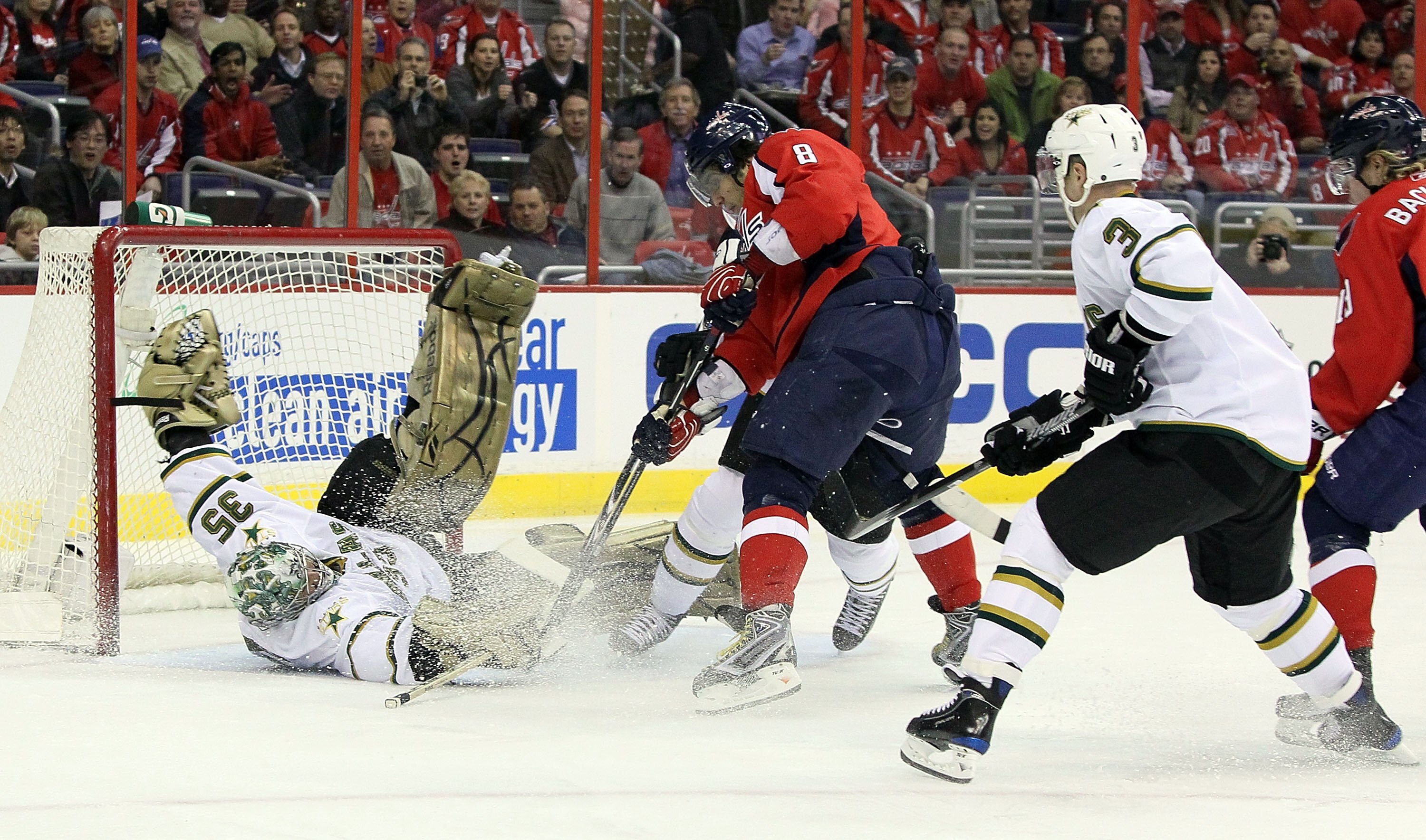 WASHINGTON DC, DC - MARCH 08:  Alex Ovechkin #8 of the Washington Capitals is stopped on a first period scoring chance by Marty Turco #35 of the Dallas Stars on March 8, 2010 at the Verizon Center in Washington, DC.  (Photo by Jim McIsaac/Getty Images)