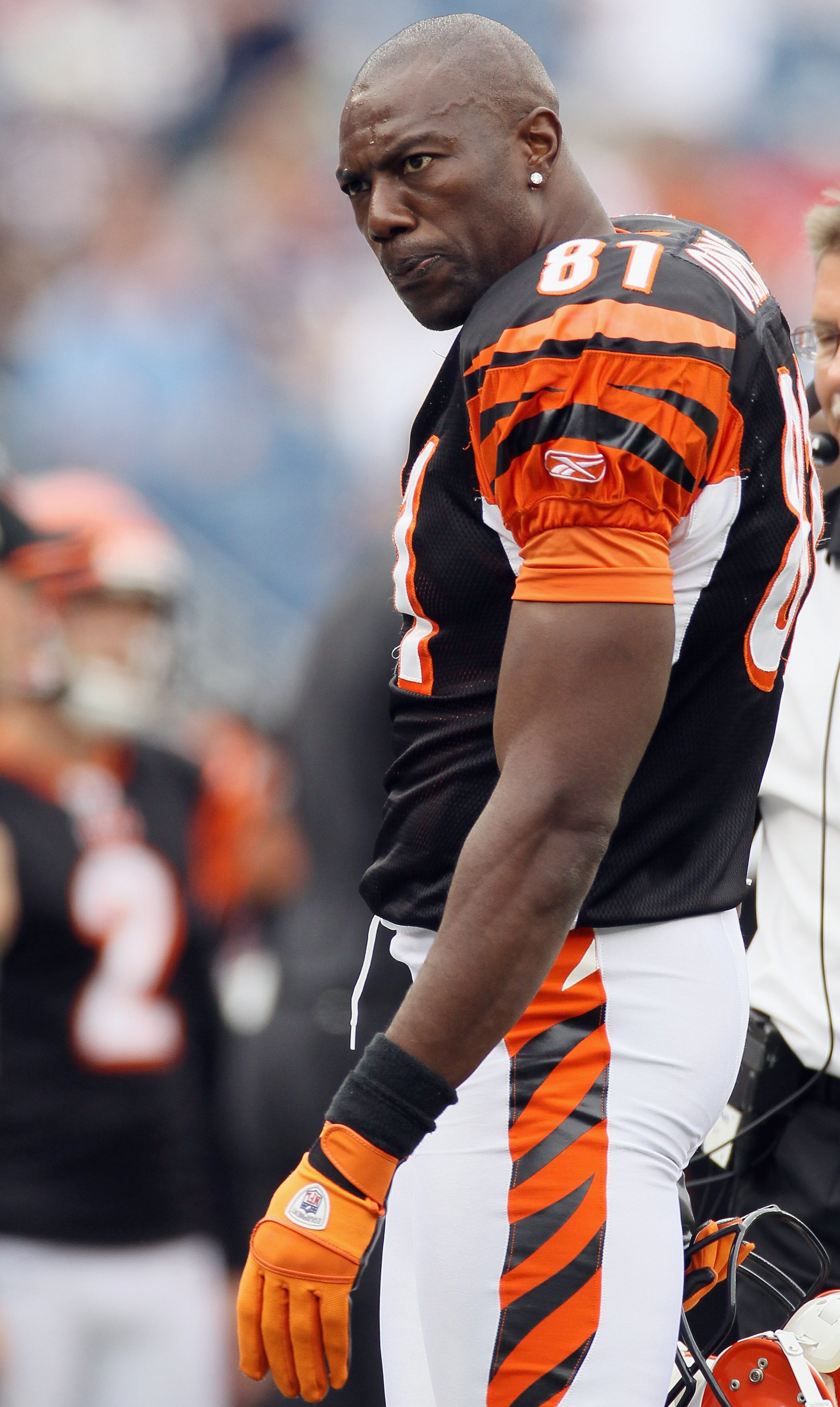 FOXBORO, MA - SEPTEMBER 12:  Terrell Owens #81 of the Cincinnati Bengals walks off the field in the fourth quarter against the New England Patriots during the NFL season opener on September 12, 2010 at Gillette Stadium in Foxboro, Massachusetts. The Patri