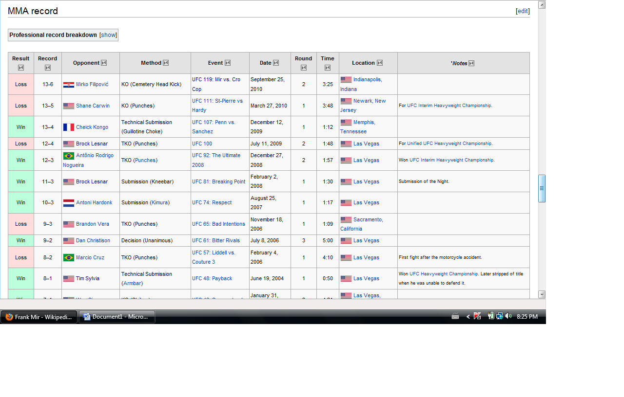 This is merely a screen shot of a bold Wikipedia prediction that predicts that the left head kick of Mirko Filipovic will do in Frank Mir in Indianapolis, but could it actually happen?
