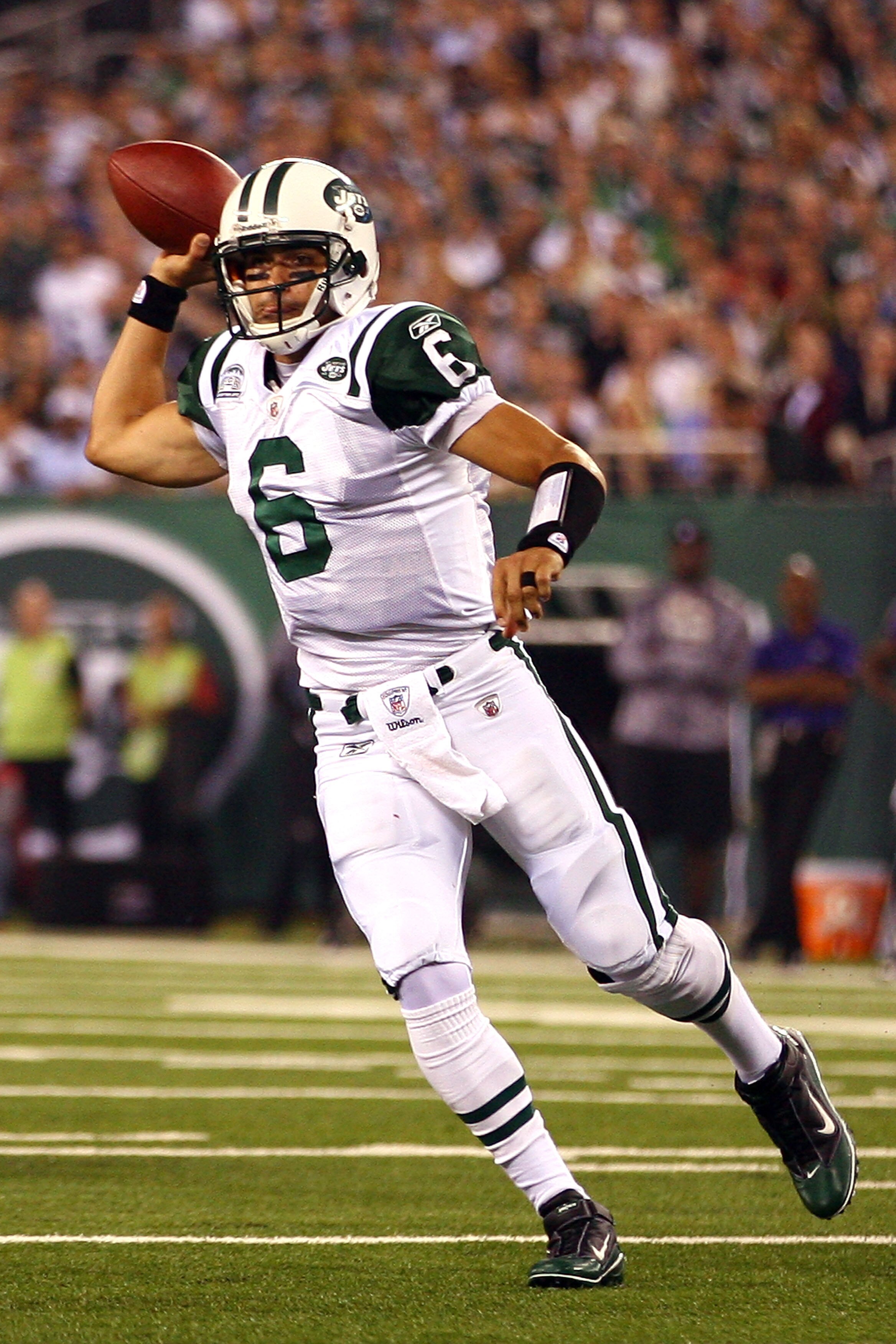 EAST RUTHERFORD, NJ - SEPTEMBER 13:  Mark Sanchez #6 of the New York Jets looks to throw against the Baltimore Ravens during their home opener at the New Meadowlands Stadium on September 13, 2010 in East Rutherford, New Jersey.  (Photo by Andrew Burton/Ge