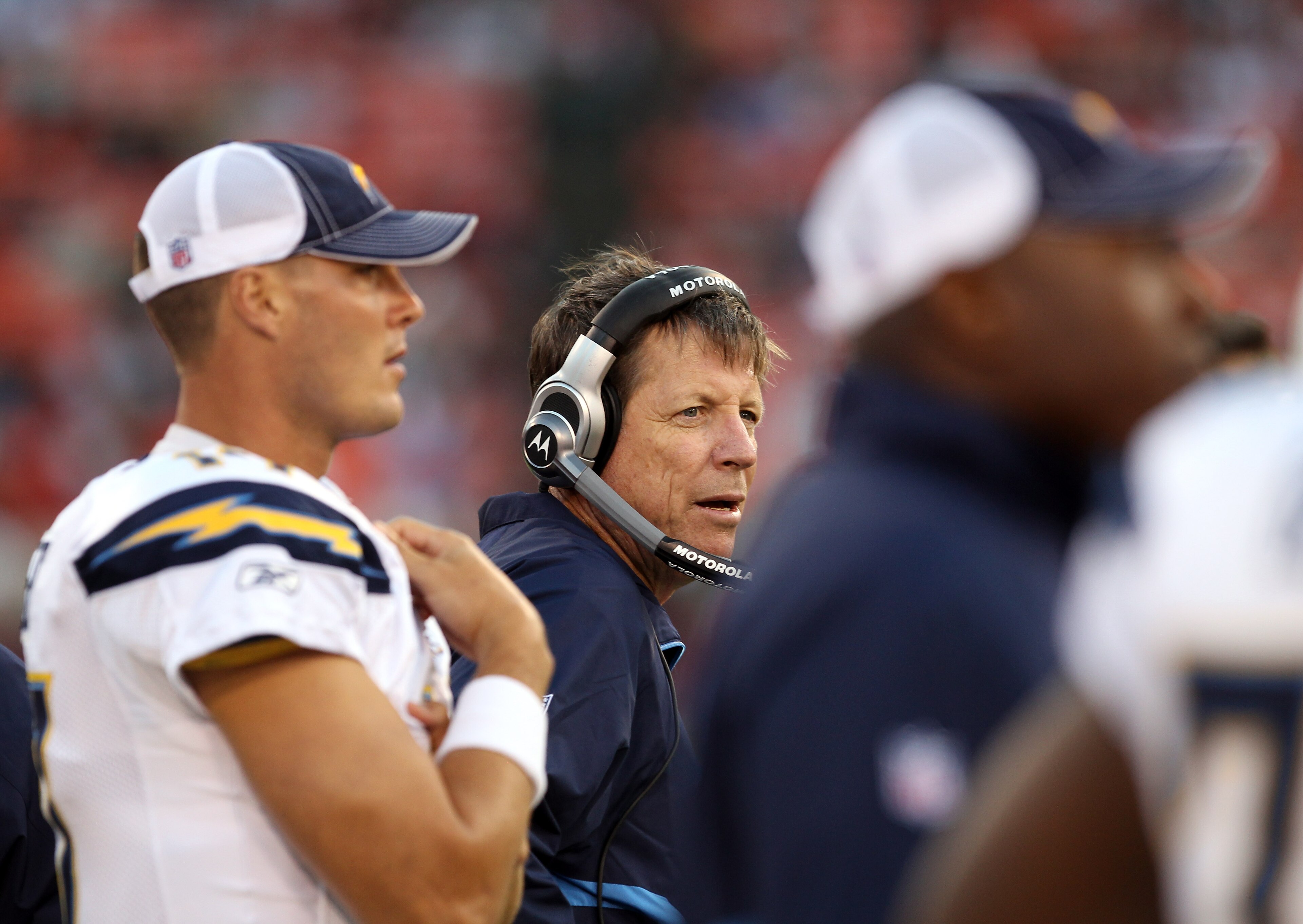 SAN FRANCISCO - SEPTEMBER 02:  Philip Rivers #17 and head coach Norv Turner of the San Diego Chargers watch their game against the San Francisco 49ers from the sidelines at Candlestick Park  on September 2, 2010 in San Francisco, California.  (Photo by Ez