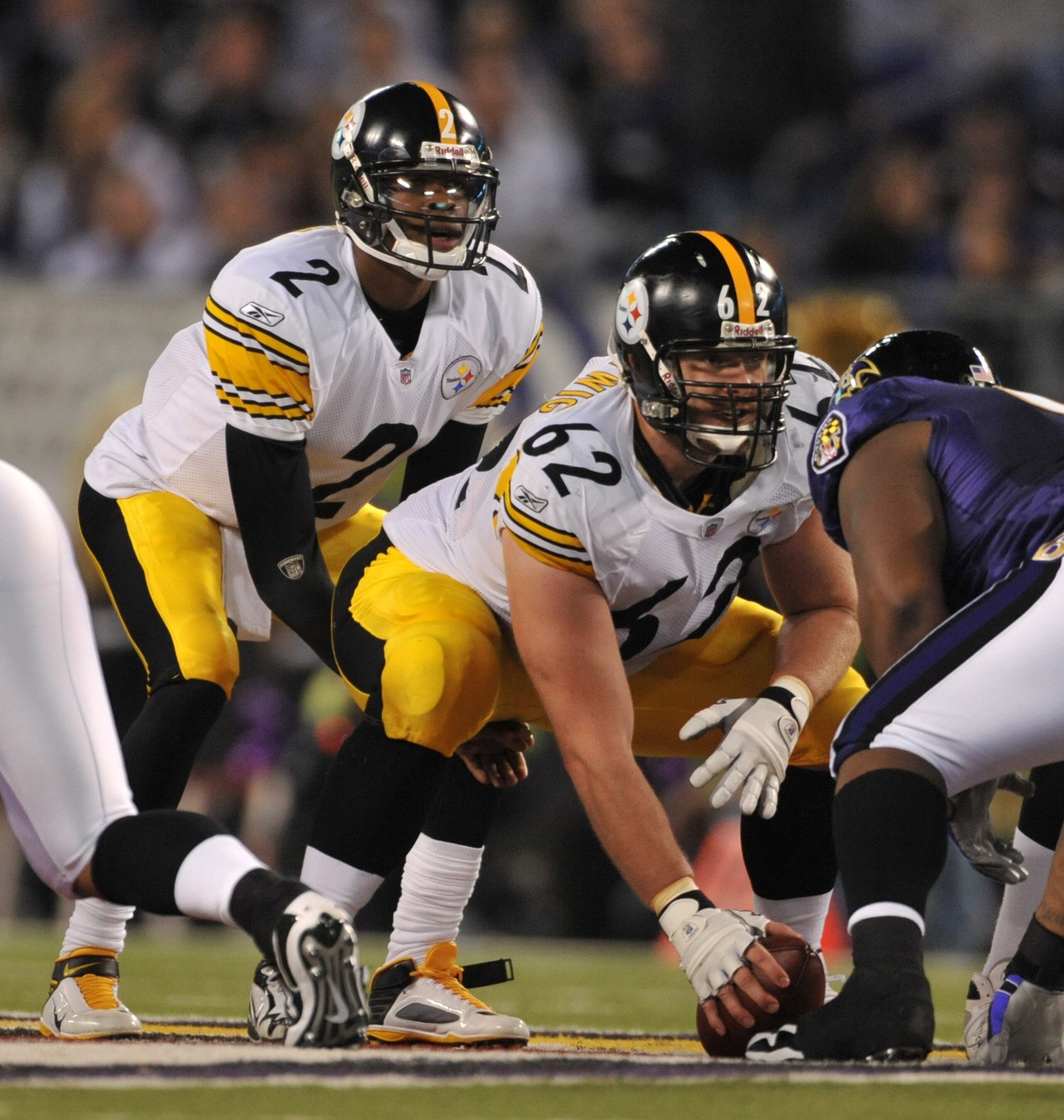 BALTIMORE - NOVEMBER 29: Justin Hartwig #62 of the Pittsburgh Steelers prepares to snap the ball before a play against the Baltimore Ravens at M&T Bank Stadium on November 29, 2009 in Baltimore, Maryland. The Ravens defeated the Steelers 20-17. (Photo b BALTIMORE - NOVEMBER 29: Justin Hartwig #62 of the Pittsburgh Steelers prepares to snap the ball before a play against the Baltimore Ravens at M&T Bank Stadium on November 29, 2009 in Baltimore, Maryland. The Ravens defeated the Steelers 20-17. (Photo b