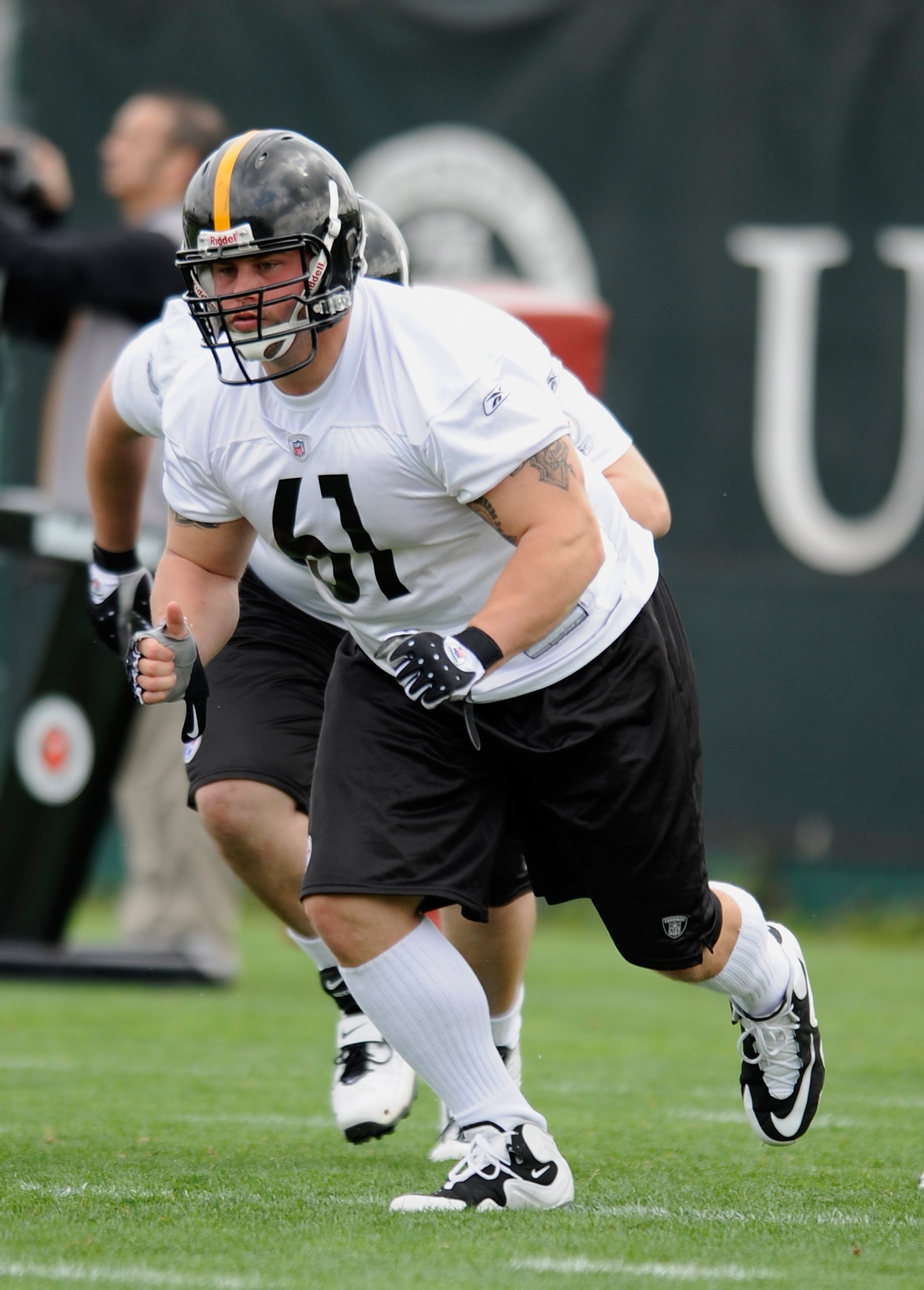 PITTSBURGH - MAY 01:  A.Q. Shipley #61 of the Pittsburgh Steelers runs a blocking drill during rookie training camp at the Pittsburgh Steelers Practice Facility on May 1, 2009 in Pittsburgh, Pennsylvania.  (Photo by Joe Sargent/Getty Images)