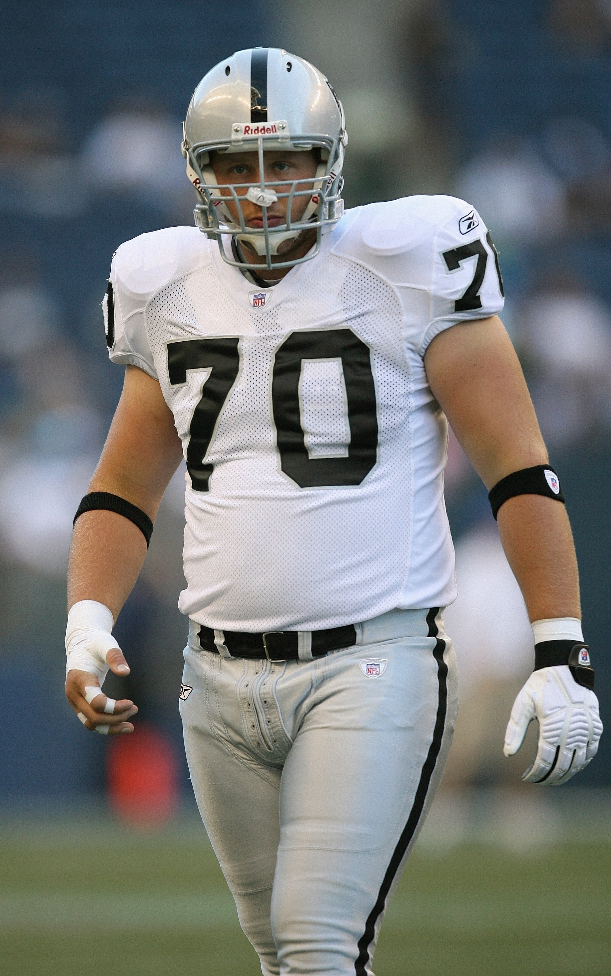 SEATTLE - AUGUST 30:  Jesse Boone #70 of the Oakland Raiders looks on against the Seattle Seahawks during a preseason game at Qwest Field on August 30, 2007 in Seattle, Washington. The Seahawks won 19-14. (Photo by Otto Greule Jr/Getty Images)