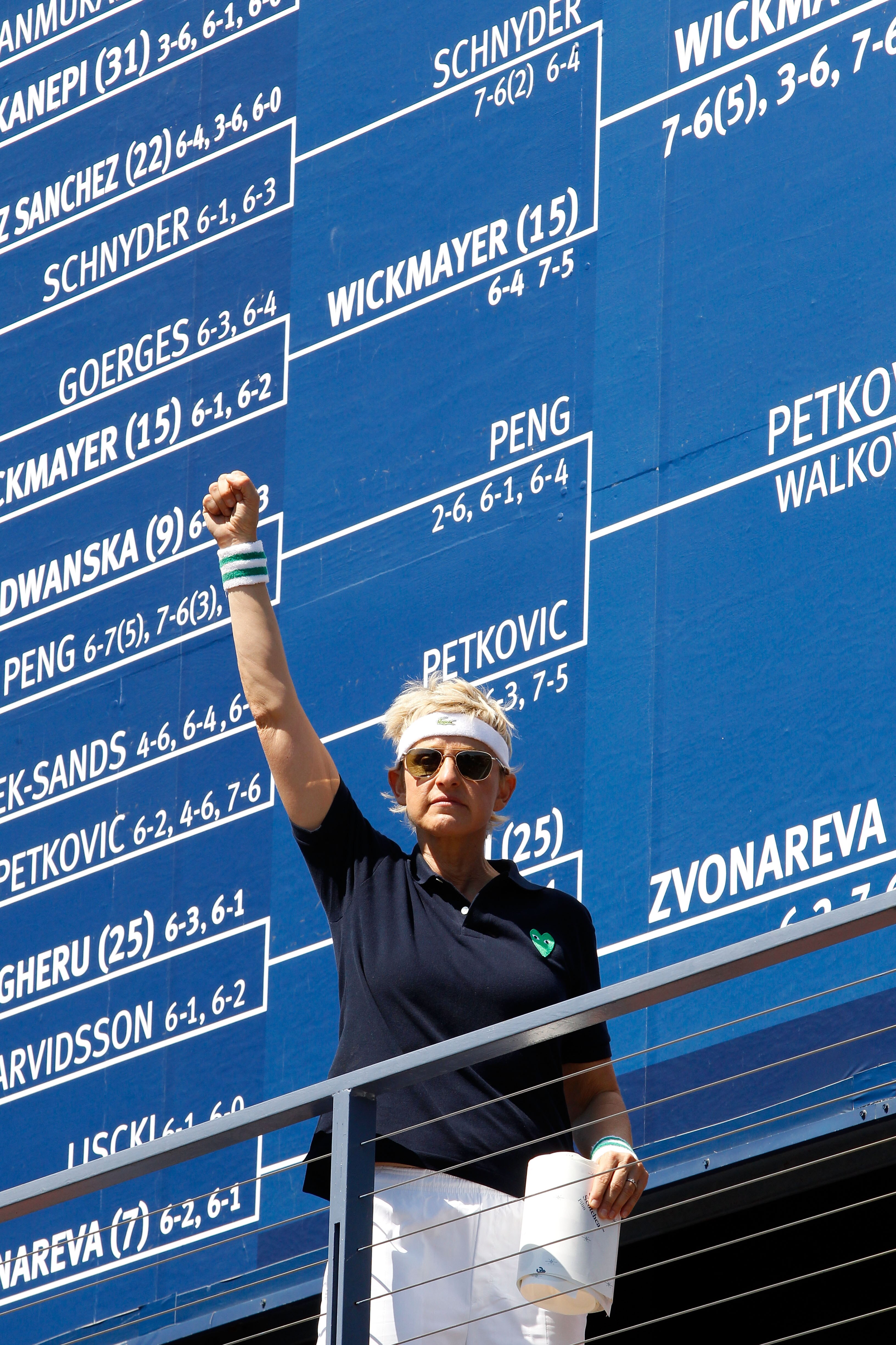 NEW YORK - SEPTEMBER 06:  Television host Ellen Degeneres reacts while in front of the draw board while in attendance at day eight of the 2010 U.S. Open at the USTA Billie Jean King National Tennis Center on September 6, 2010 in the Flushing neighborhood 
