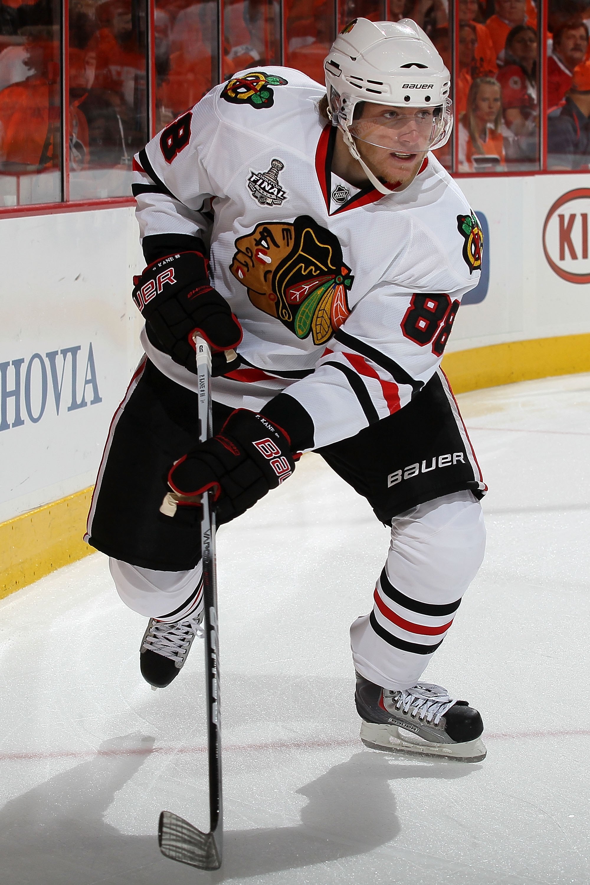 PHILADELPHIA - JUNE 04:  Patrick Kane #88 of the Chicago Blackhawks skates along the boards in Game Four of the 2010 NHL Stanley Cup Final against the Philadelphia Flyers at Wachovia Center on June 4, 2010 in Philadelphia, Pennsylvania.  (Photo by Jim McI