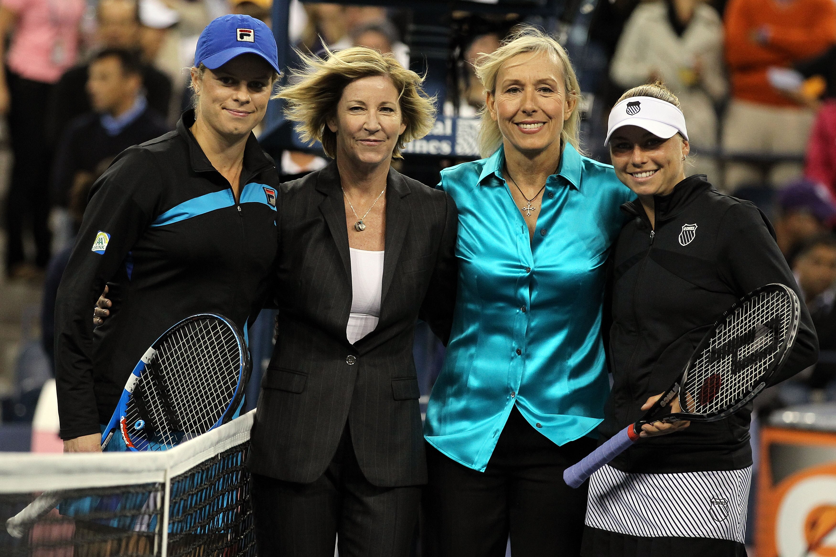 NEW YORK - SEPTEMBER 11:  (L-R) Kim Clijsters of Belguim, Chris Evert, Martina Navratilova and Vera Zvonareva of Russia pose before their women's singles final on day thirteen of the 2010 U.S. Open at the USTA Billie Jean King National Tennis Center on Se
