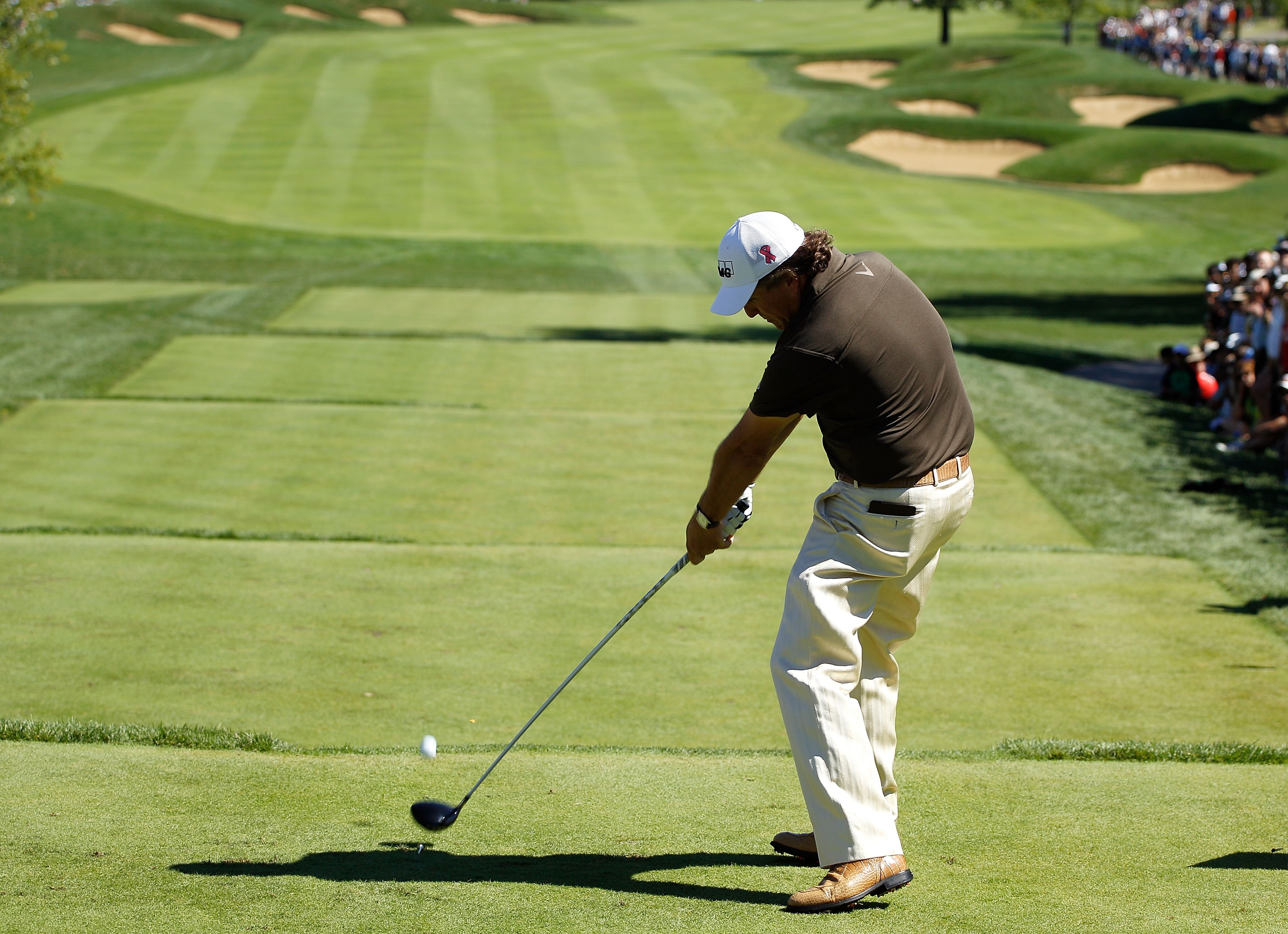 LEMONT, IL - SEPTEMBER 12:  Phil Mickelson tees off from the fifth hole during the final round of the BMW Championship at Cog Hill Golf & Country Club on September 12, 2010 in Lemont, Illinois.  (Photo by Scott Halleran/Getty Images)