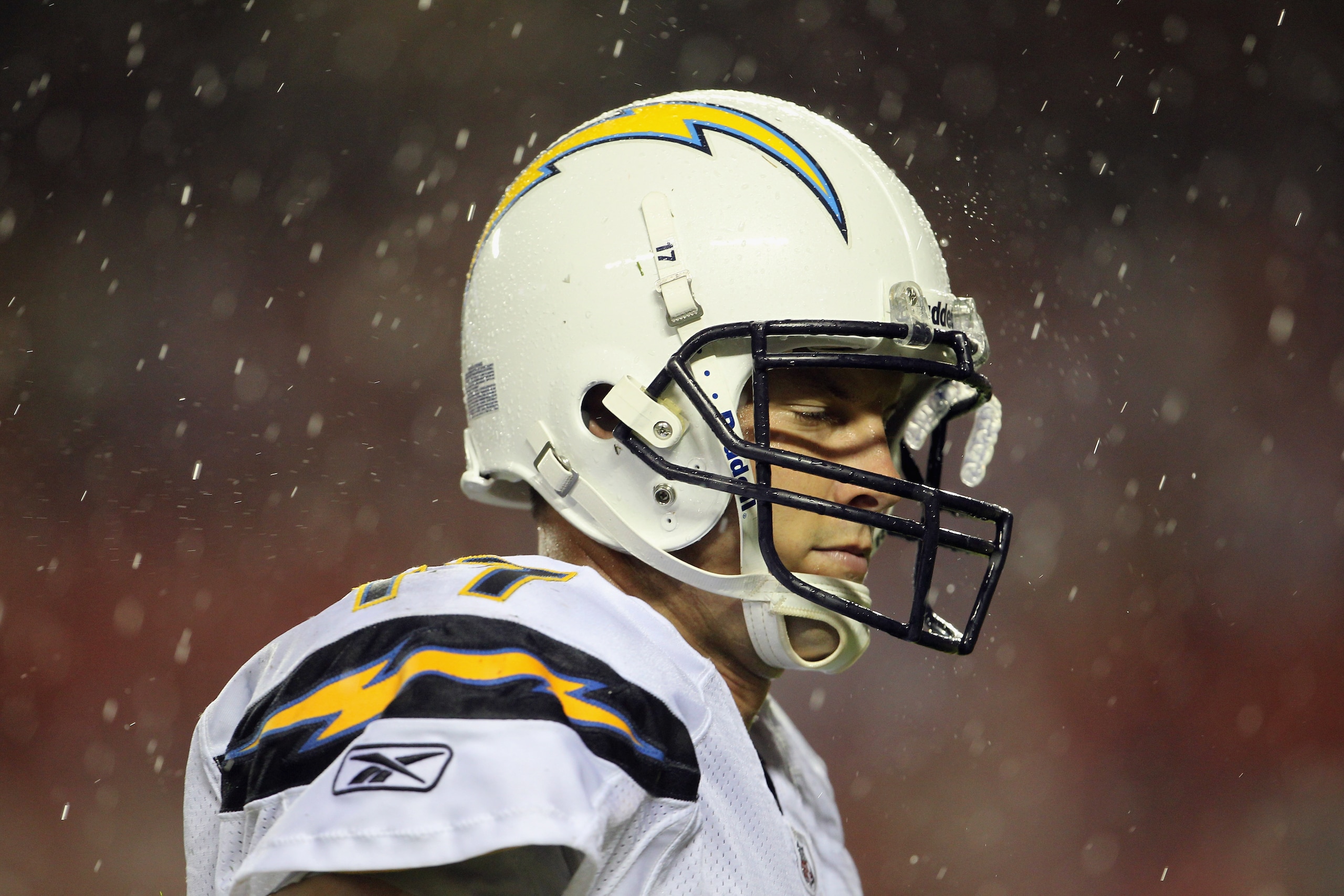 KANSAS CITY, MO - SEPTEMBER 13:  Quarterback Philip Rivers #17 of the San Diego Chargers walks off the field at halftime in the rain during the game against the Kansas City Chiefs on September 13, 2010 at Arrowhead Stadium in Kansas City, Missouri.  (Phot