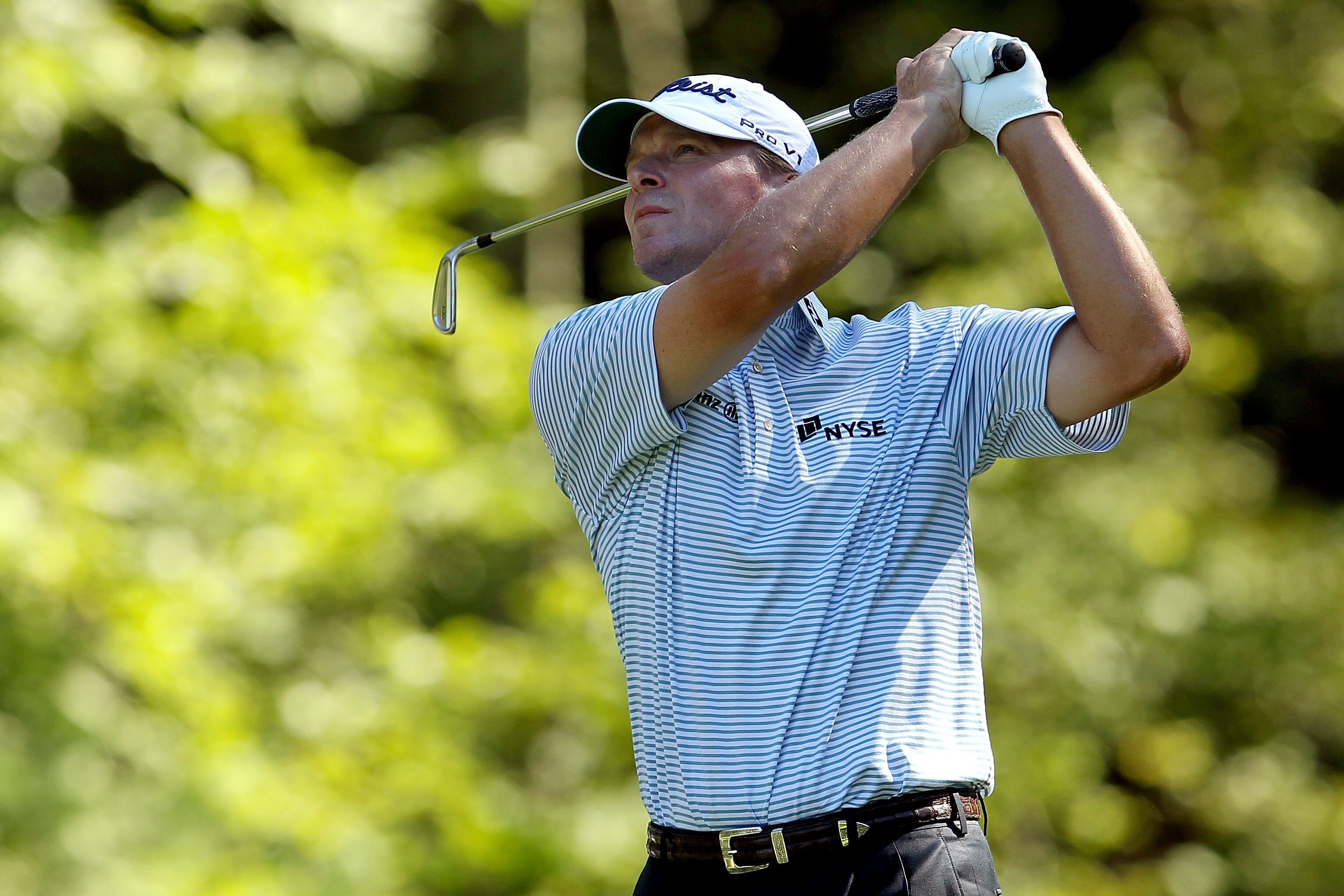 NORTON, MA - SEPTEMBER 06:  Steve Stricker tees off from the eighth tee during the final round of the Deutsche Bank Championship at TPC Boston on September 6, 2010 in Norton, Massachusetts.  (Photo by Mike Ehrmann/Getty Images)