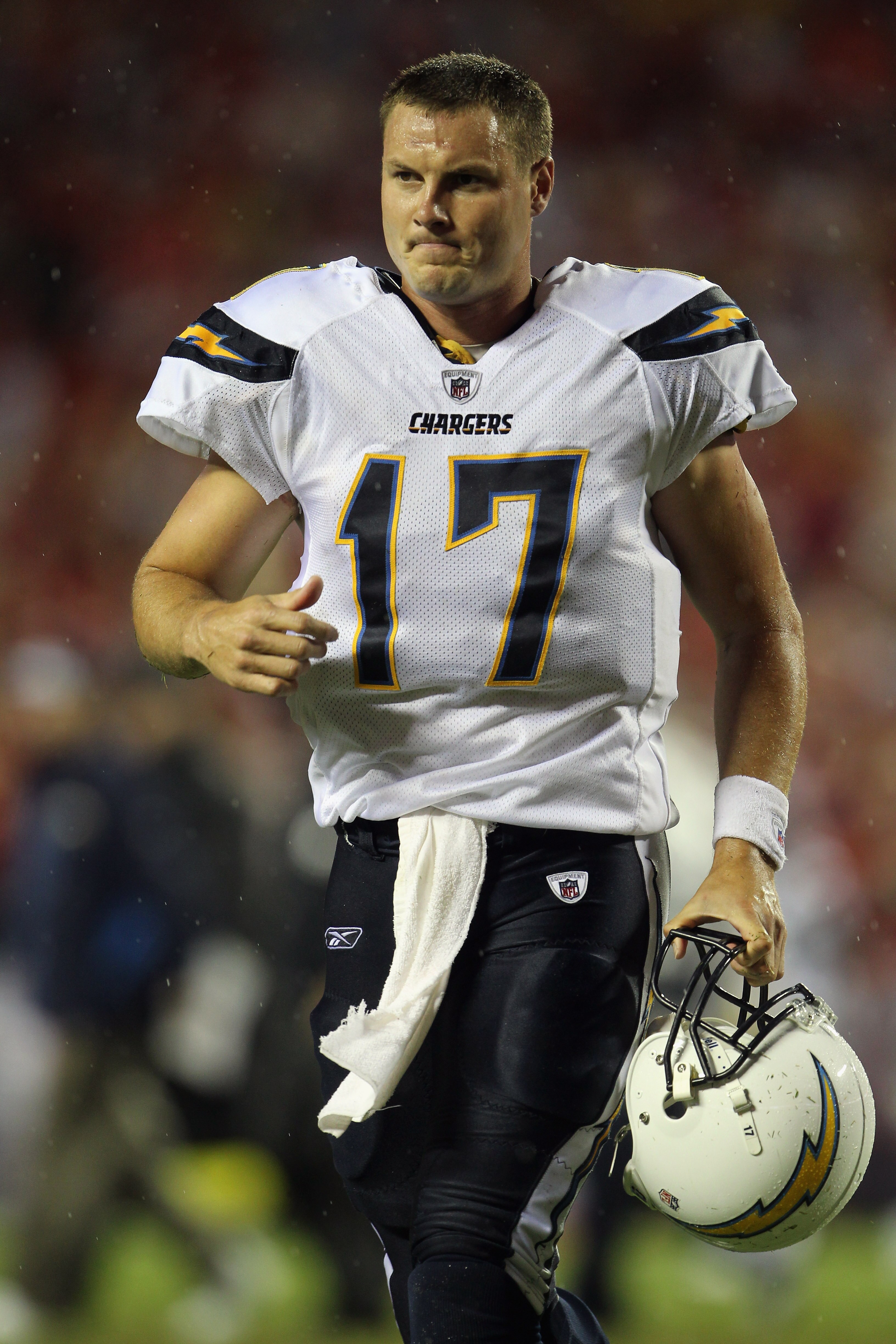 KANSAS CITY, MO - SEPTEMBER 13:  Quarterback Philip Rivers #17 of the San Diego Chargers jogs off the field follwing the game against the Kansas City Chiefs on September 13, 2010 at Arrowhead Stadium in Kansas City, Missouri.  (Photo by Jamie Squire/Getty