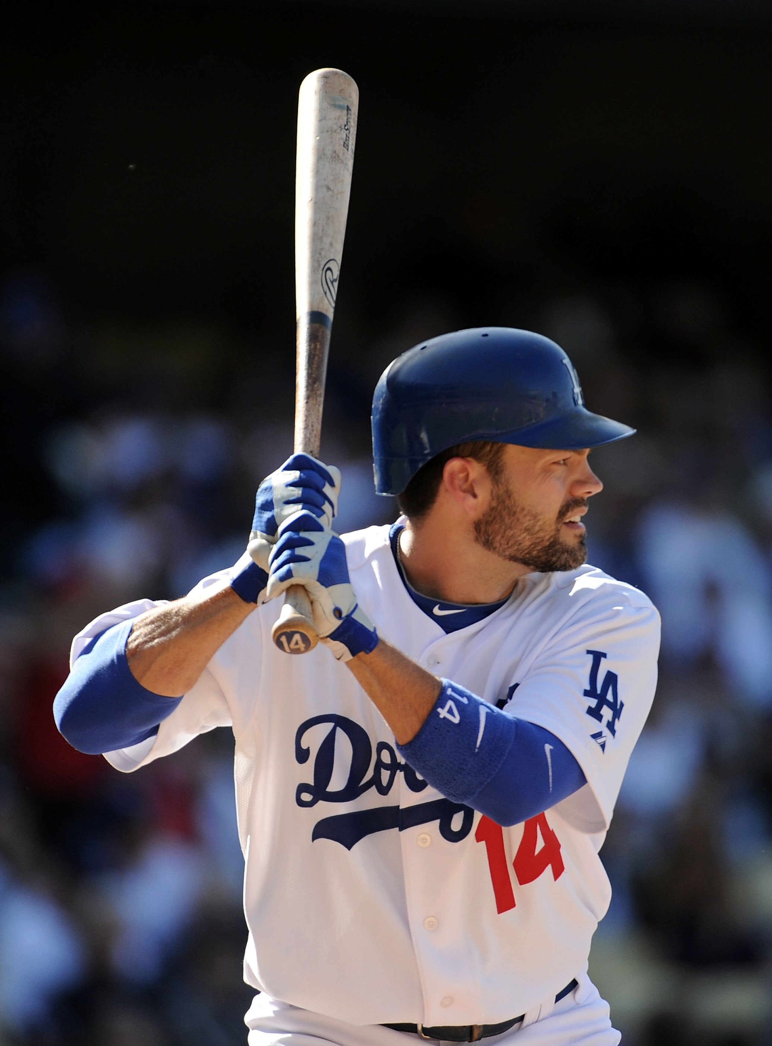 LOS ANGELES, CA - MAY 22:  Jamey Carroll #14 of the Los Angeles Dodgers during his at bat against the Detroit Tigers at Dodger Stadium on May 22, 2010 in Los Angeles, California.  (Photo by Harry How/Getty Images)