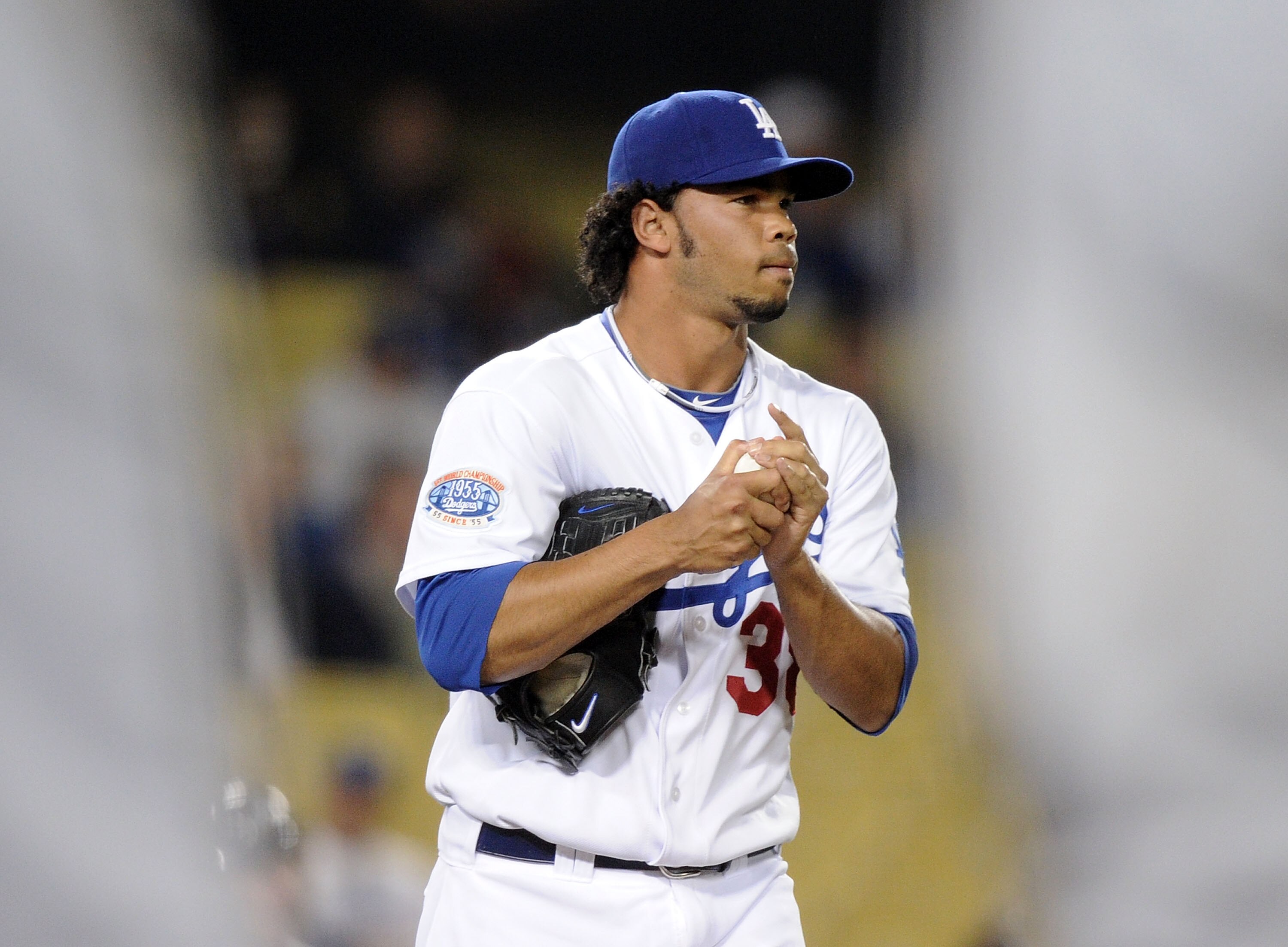 LOS ANGELES, CA - MAY 05:  Pitcher Ramon Troncoso #38 of the Los Angeles Dodgers reacts during a five run eighth inning for the Milwaukee Brewers at Dodger Stadium on May 5, 2010 in Los Angeles, California.  (Photo by Harry How/Getty Images)