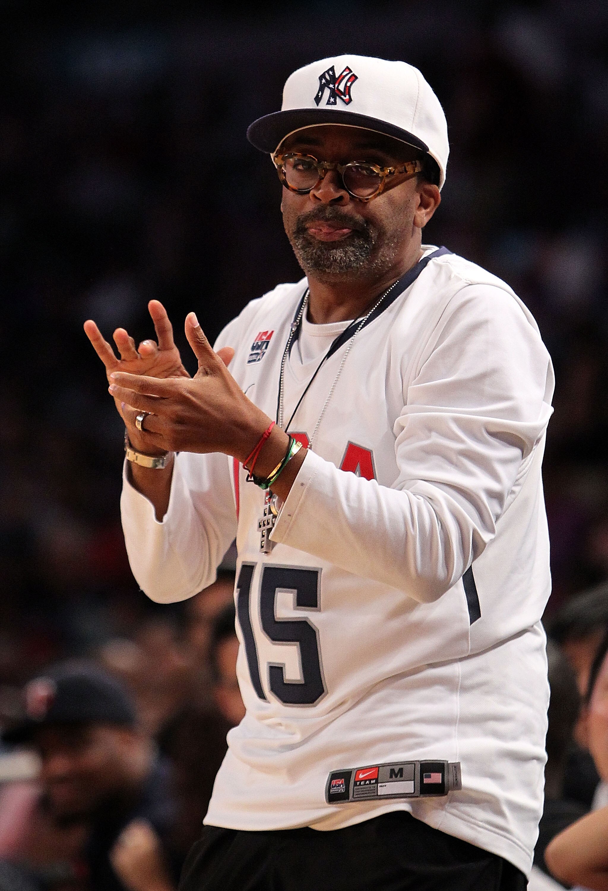NEW YORK - AUGUST 15:  Director Spike Lee celebrates on the sideline during the game between China and Puerto Rico as part of the World Basketball Festival at Madison Square Garden on August 15, 2010 in New York City.  (Photo by Nick Laham/Getty Images)