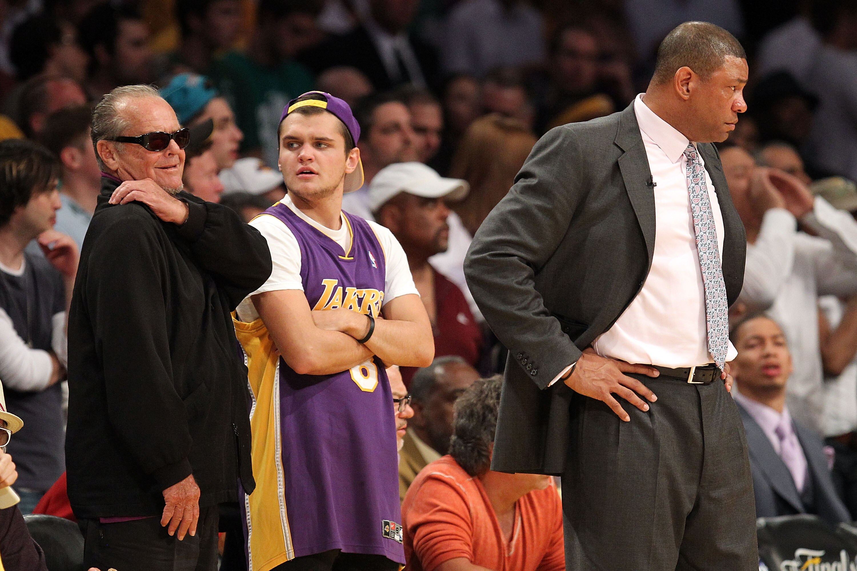 LOS ANGELES, CA - JUNE 17:  Actor Jack Nicholson stands behind head coach Doc Rivers of the Boston Celtics in Game Seven of the 2010 NBA Finals at Staples Center on June 17, 2010 in Los Angeles, California.  NOTE TO USER: User expressly acknowledges and a