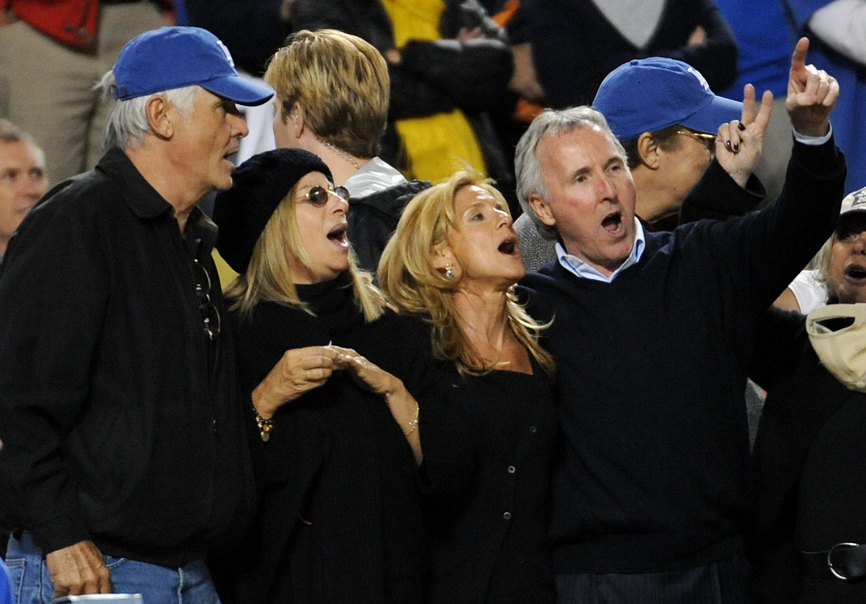 LOS ANGELES, CA - OCTOBER 13:  (L-R) Actor James Brolin, singer Barbra Streisand, Jamie McCourt and owner of the Los Angeles Dodgers Frank McCourt watch Game Four against the Philadelphia Phillies in the National League Championship Series during the 2008