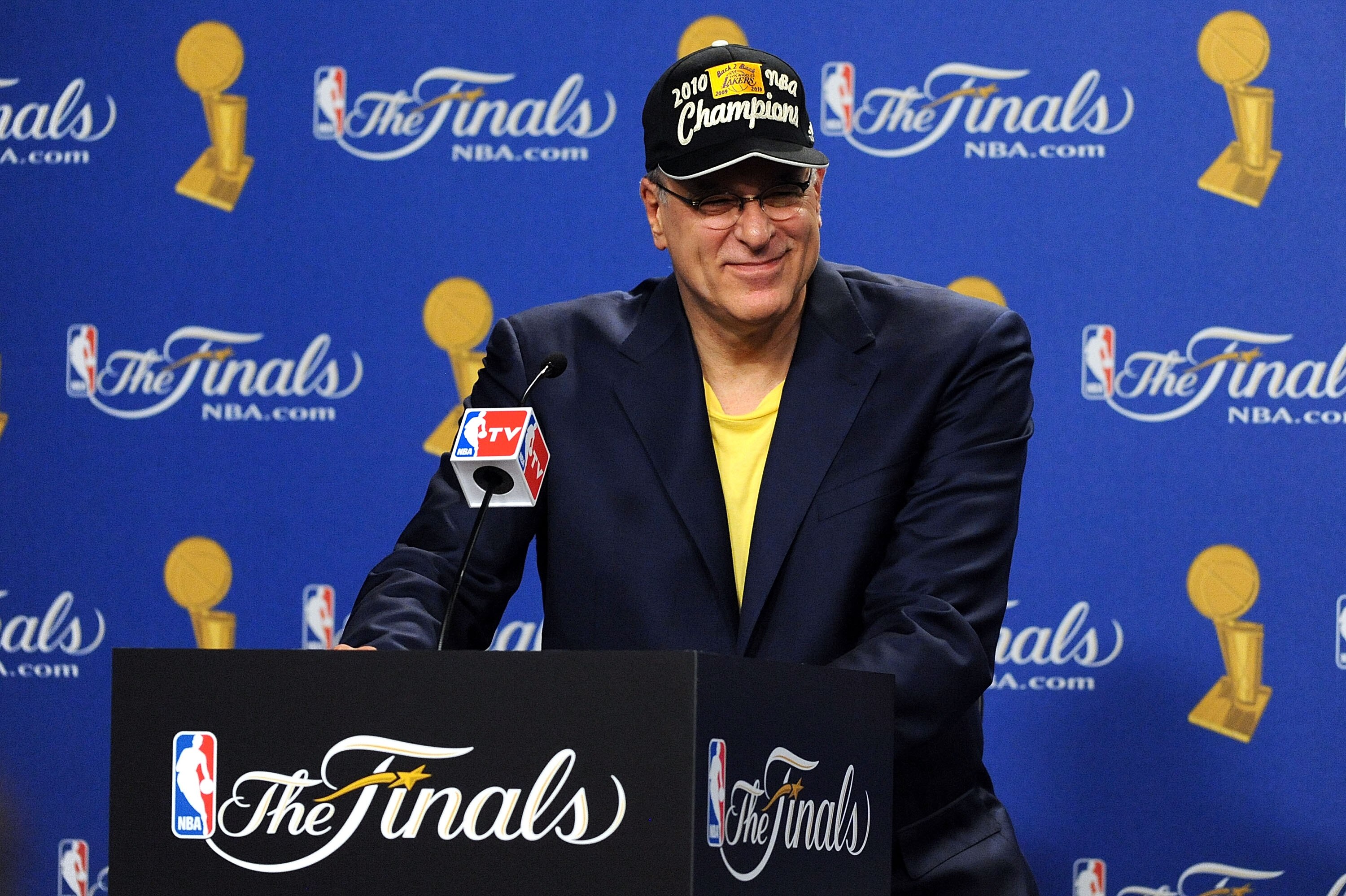 LOS ANGELES, CA - JUNE 17:  Head coach Phil Jackson of the Los Angeles Lakers speaks during the post game news conference as he celebrates after the Lakers defeated the Boston Celtics 83-79 in Game Seven of the 2010 NBA Finals at Staples Center on June 17