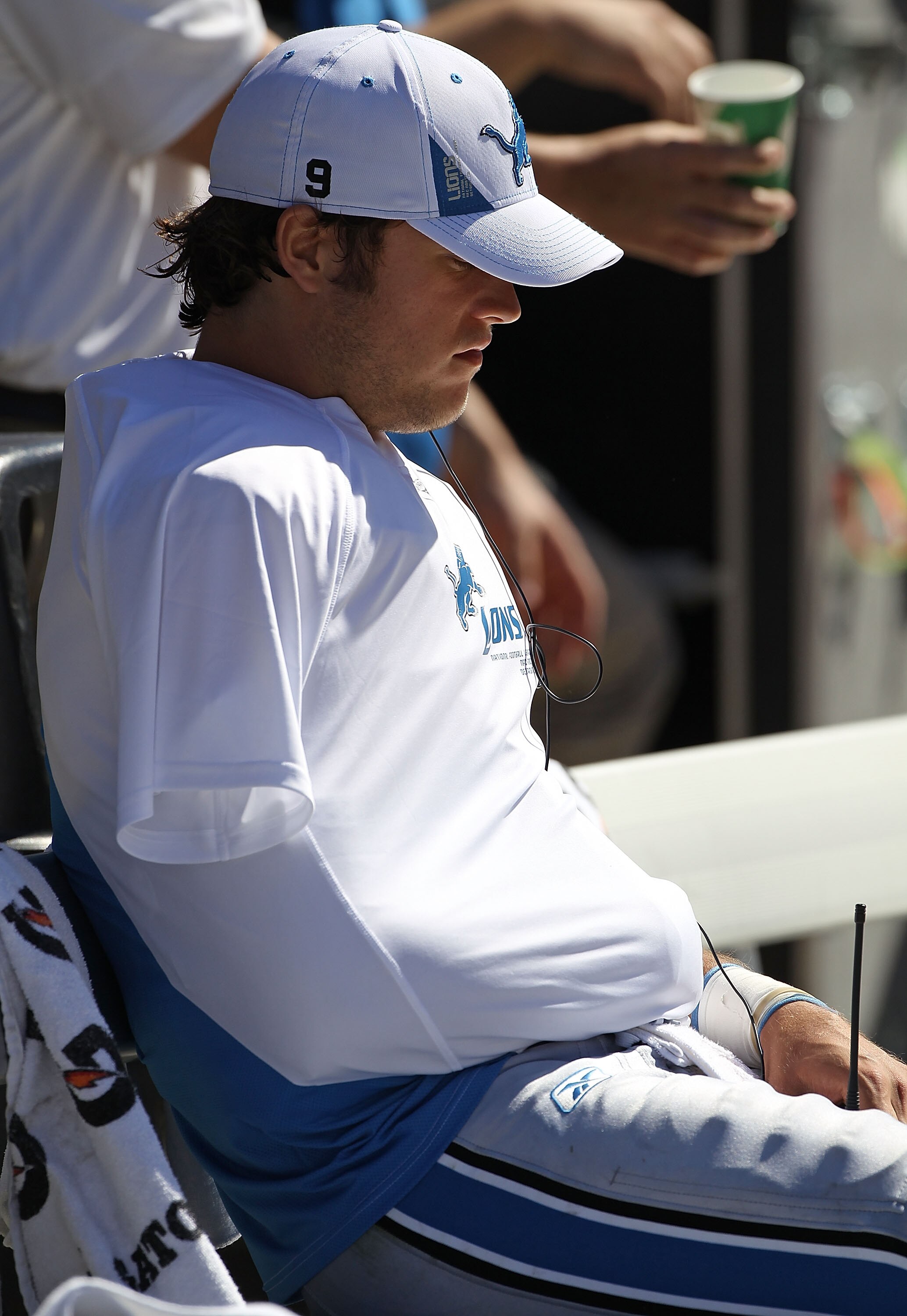 CHICAGO - SEPTEMBER 12: Quarterback Matthew Stafford #9 of the Detroit Lions sits on the bench in the 3rd quarter after being injured during the NFL season opening game against the Chicago Bears at Soldier Field on September 12, 2010 in Chicago, Illinois.