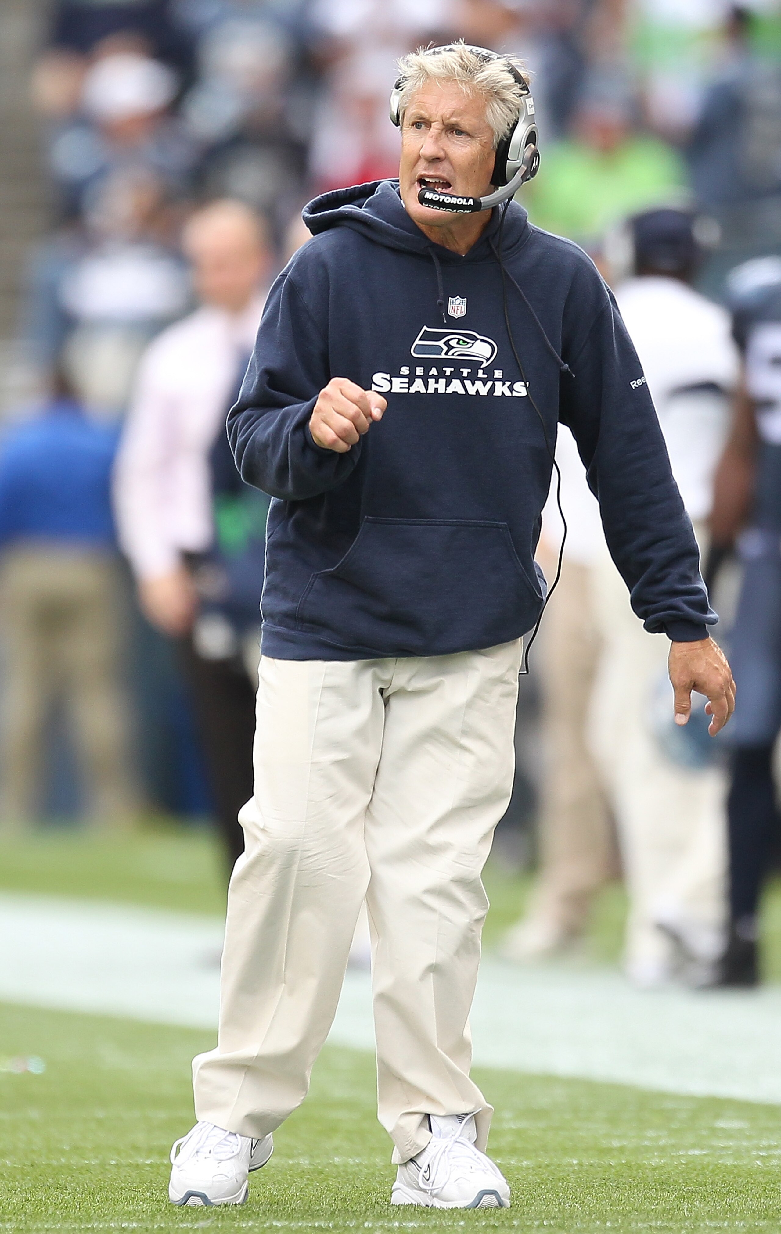 SEATTLE - SEPTEMBER 12:  Head coach Pete Carroll of the Seattle Seahawks reacts after a play during the NFL season opener against the San Francisco 49ers at Qwest Field on September 12, 2010 in Seattle, Washington. The Seahawks defeated the 49ers 31-6. (P