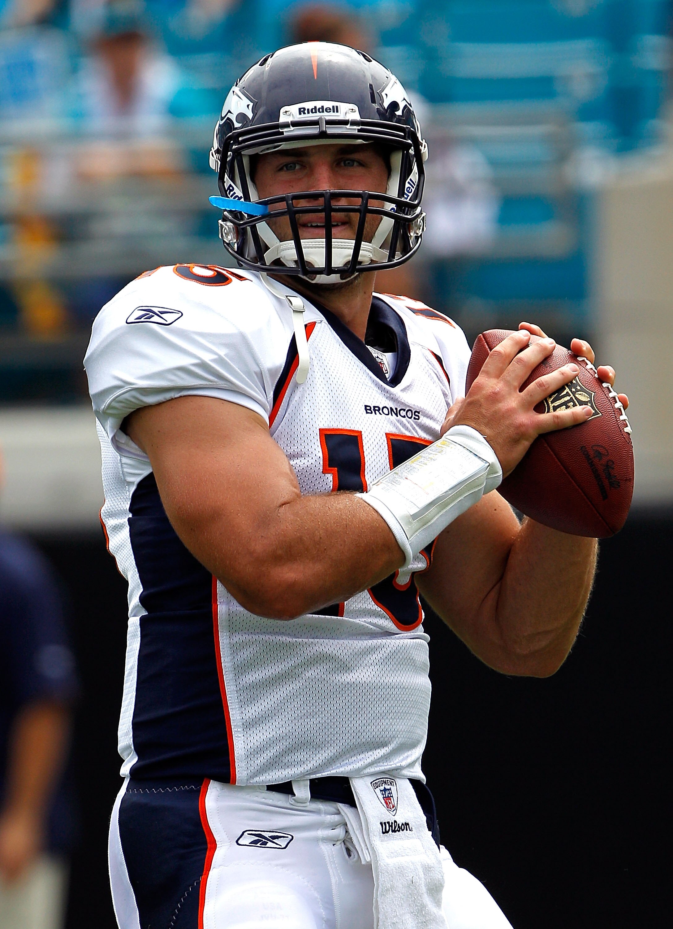JACKSONVILLE, FL - SEPTEMBER 12:  Quarterback Tim Tebow #15 of the Denver Broncos practices prior to the NFL season opener game against the Jacksonville Jaguars at EverBank Field on September 12, 2010 in Jacksonville, Florida.  (Photo by Sam Greenwood/Get