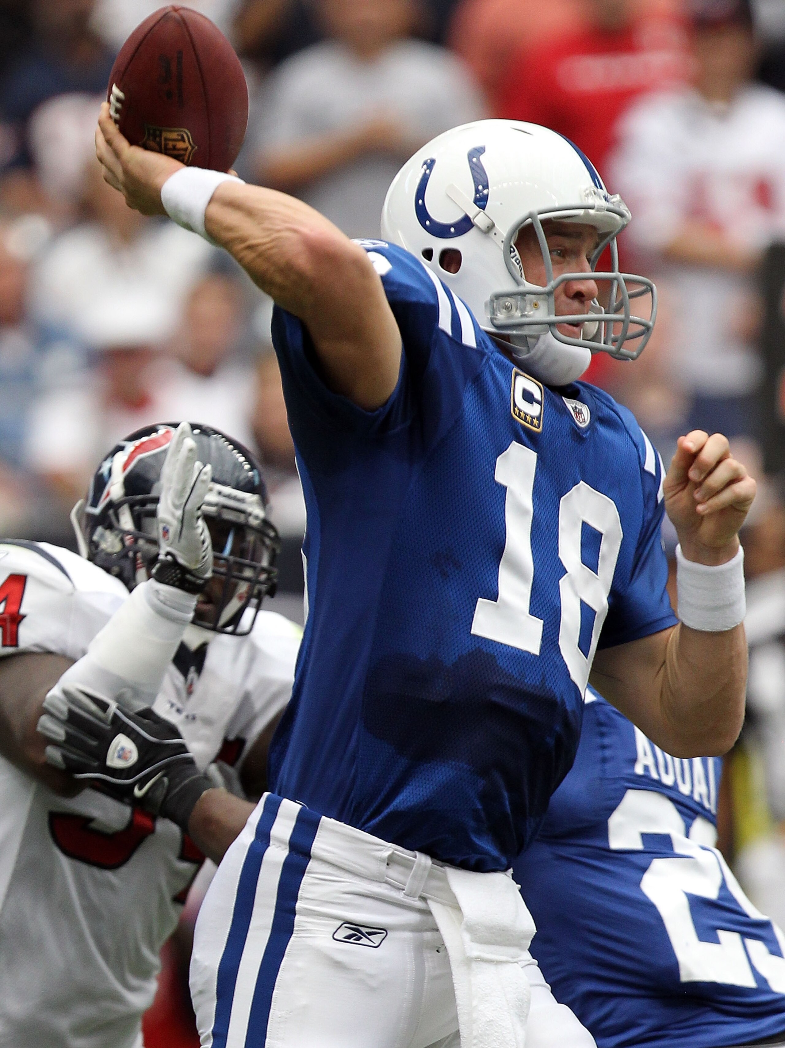 HOUSTON - SEPTEMBER 12:  Quarterback Peyton Manning #18 of the Indianapolis Colts in the NFL season opener against the Houston Texans at Reliant Stadium on September 12, 2010 in Houston, Texas.  (Photo by Ronald Martinez/Getty Images)