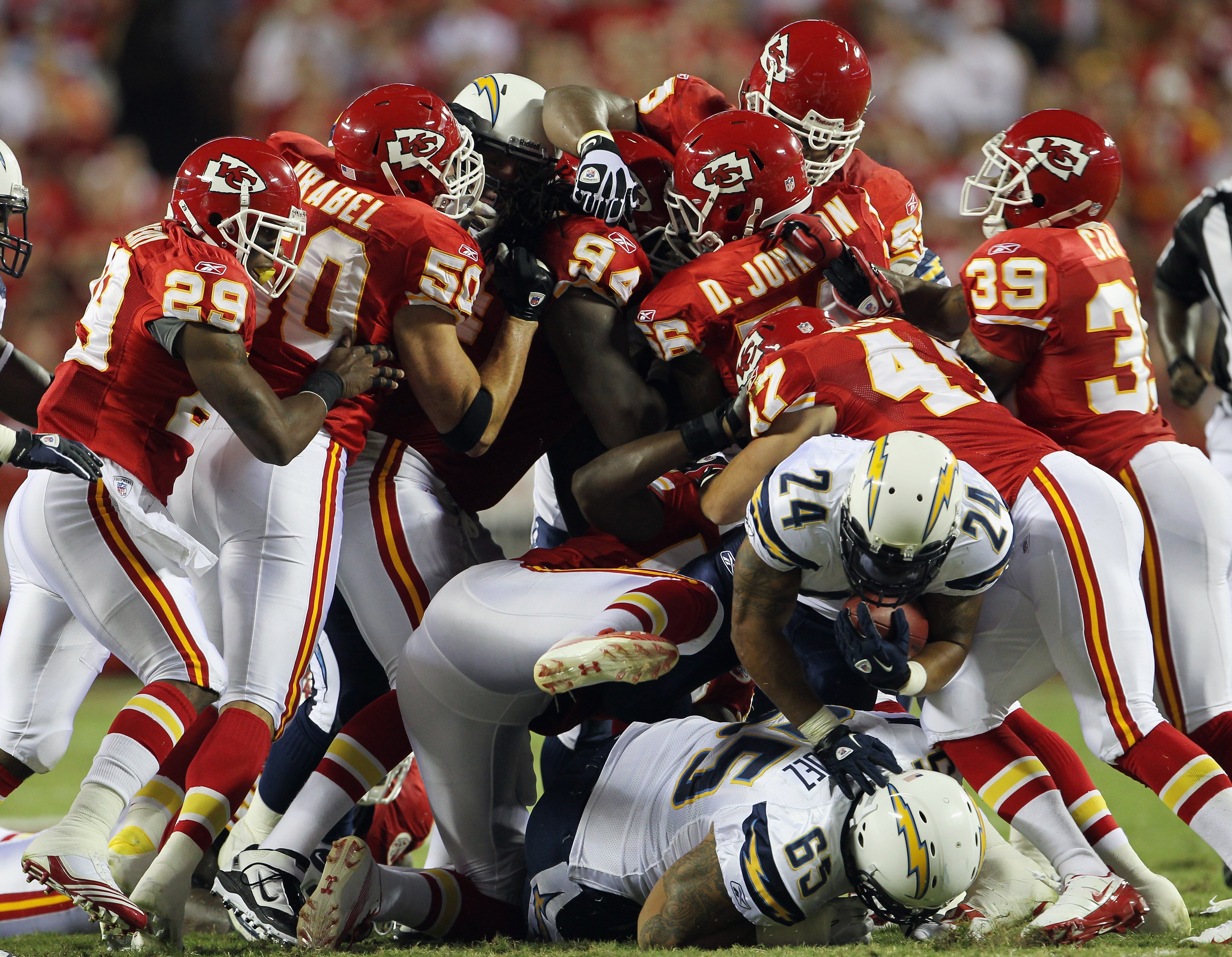 KANSAS CITY, MO - SEPTEMBER 13:  Running back Ryan Matthews #24 of the San Diego Chargers carries the ball during the 1st quarter of the game against the Kansas City Chiefs on September 13, 2010 at Arrowhead Stadium in Kansas City, Missouri.  (Photo by Ja