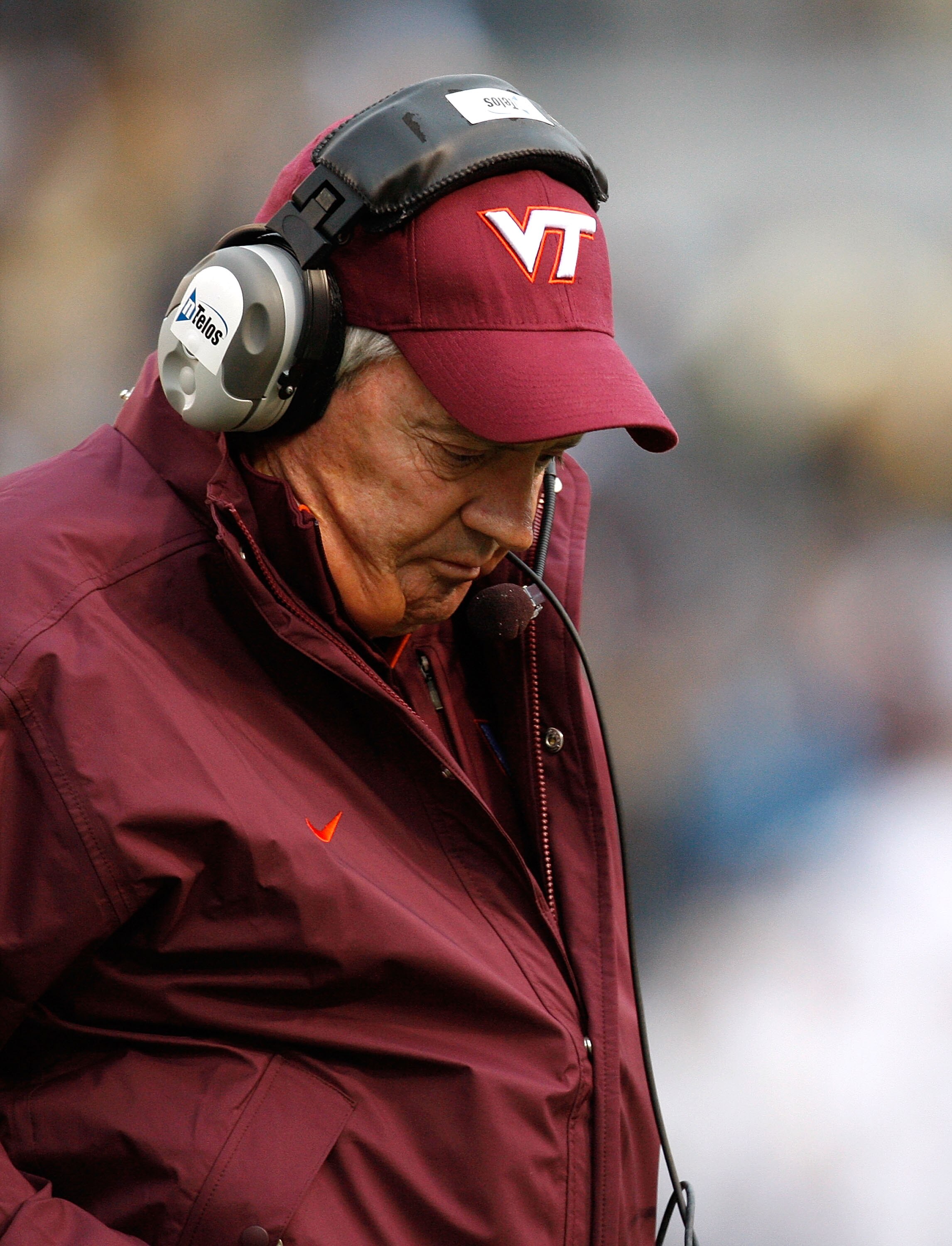 ATLANTA - OCTOBER 17:  Head coach Frank Beamer of the Virginia Tech Hokies walks to the sideline after a play call against the Georgia Tech Yellow Jackets at Bobby Dodd Stadium on October 17, 2009 in Atlanta, Georgia.  (Photo by Kevin C. Cox/Getty Images)