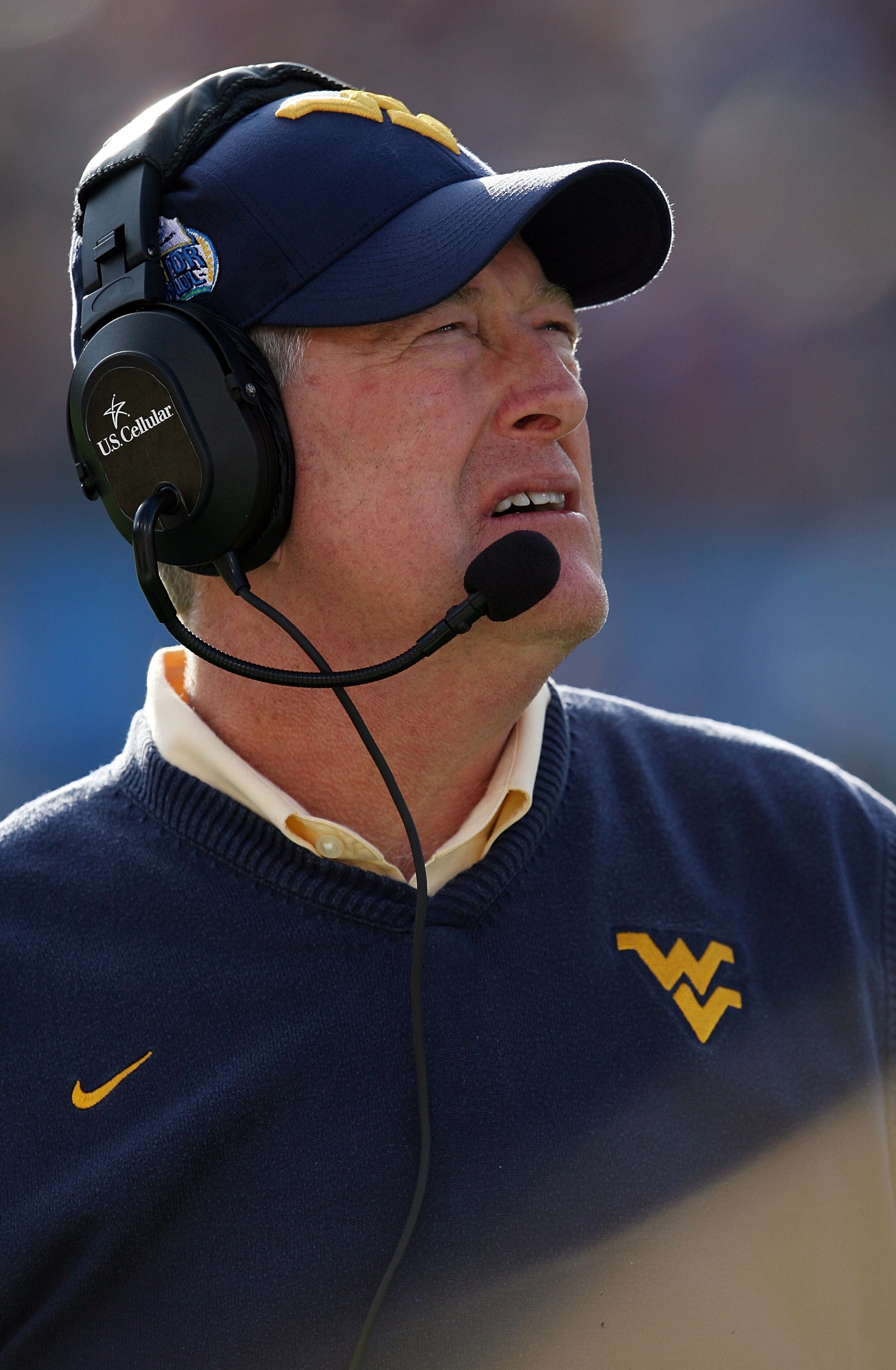 JACKSONVILLE, FL - JANUARY 01:  Head coach Bill Stewart of the West Virginia Mountaineers watches his team take on the Florida State Seminoles during the Konica Minolta Gator Bowl on January 1, 2010 at Jacksonville Municipal Stadium in Jacksonville, Flori