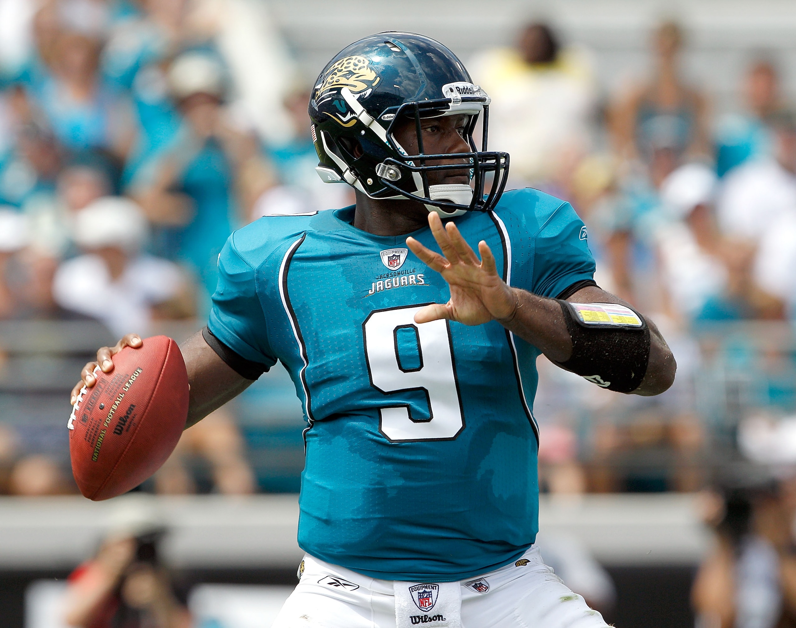 JACKSONVILLE, FL - SEPTEMBER 12:  Quarterback David Garrard #9 of the Jacksonville Jaguars attempts a pass during the NFL season opener game against the Denver Broncos at EverBank Field on September 12, 2010 in Jacksonville, Florida.  (Photo by Sam Greenw